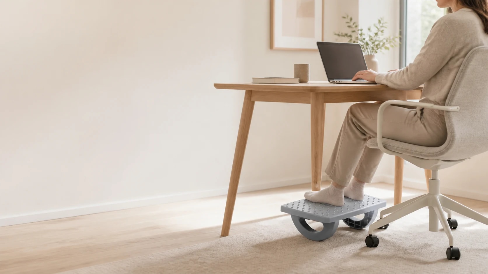 RollArc rocking footrest beneath a light wood desk in a home office