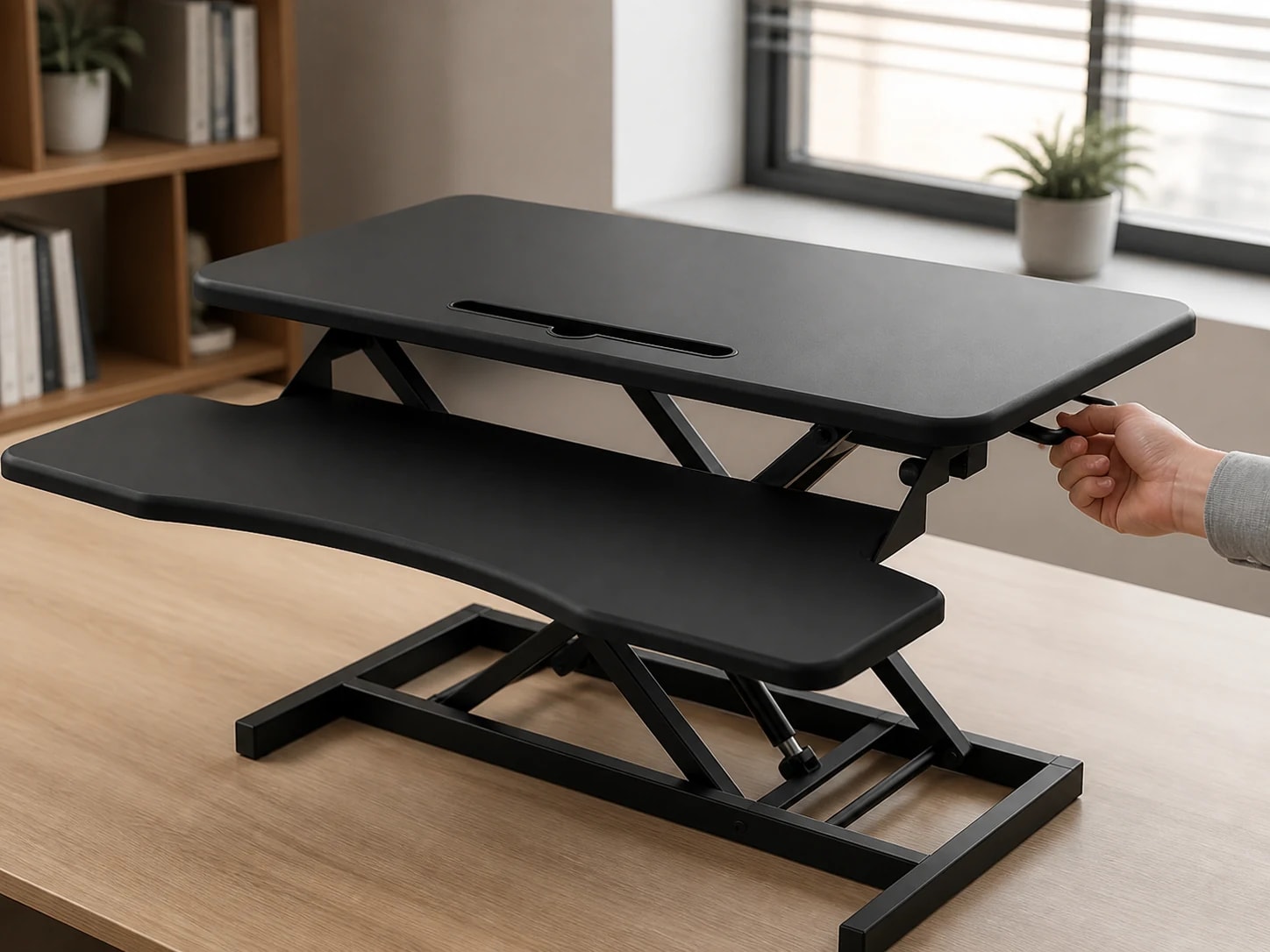 Hand using the under-edge control on the black two-tier SwiftLift desk riser