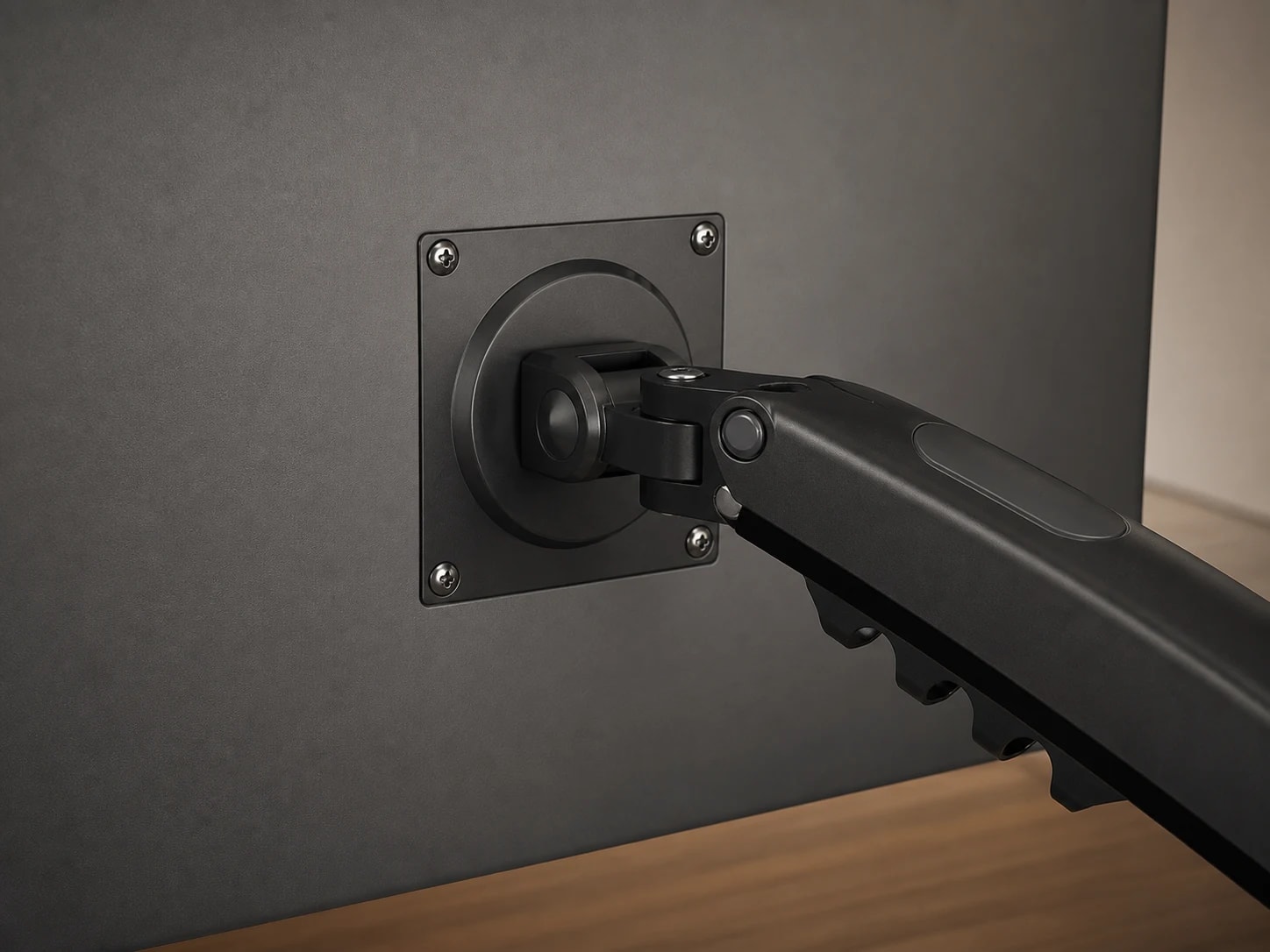 Close view of the ViewGlide square VESA plate and circular monitor joint