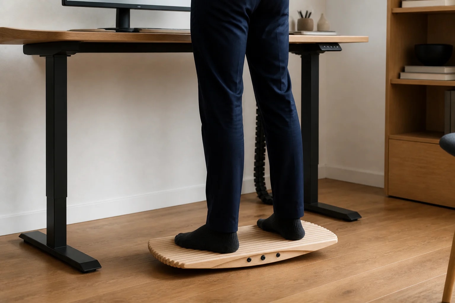 Person using the ErgoSway balance board at a standing desk