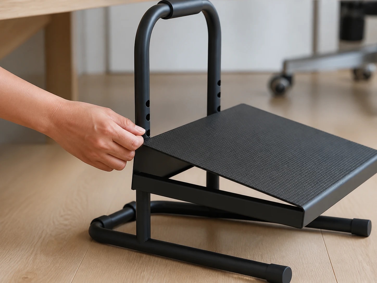 Hand adjusting the RiseRest 6 platform beside the frame position holes