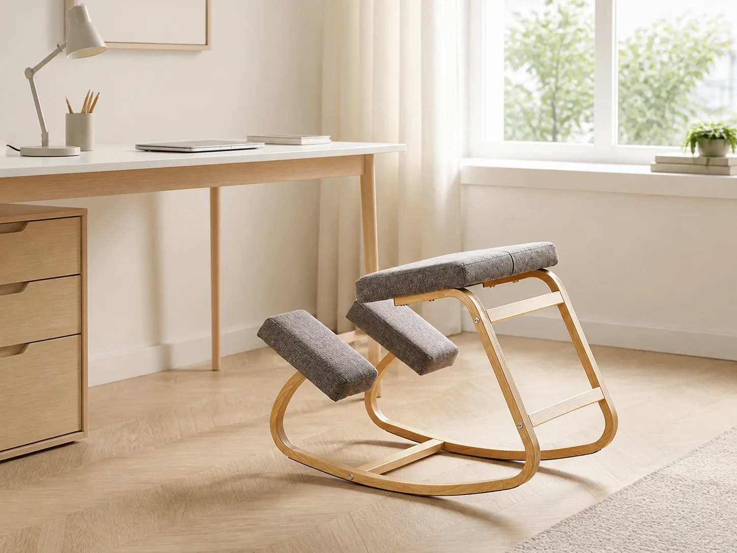 Unoccupied KneelArc Chair beside a light wood home-office desk
