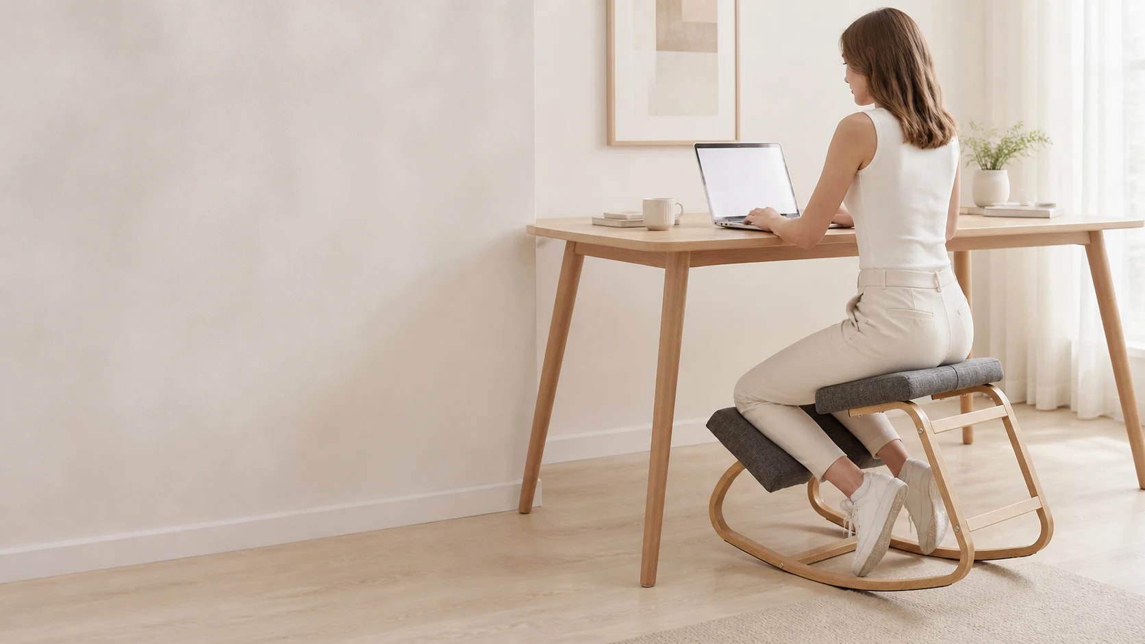 Person using the KneelArc Chair at a bright home-office desk
