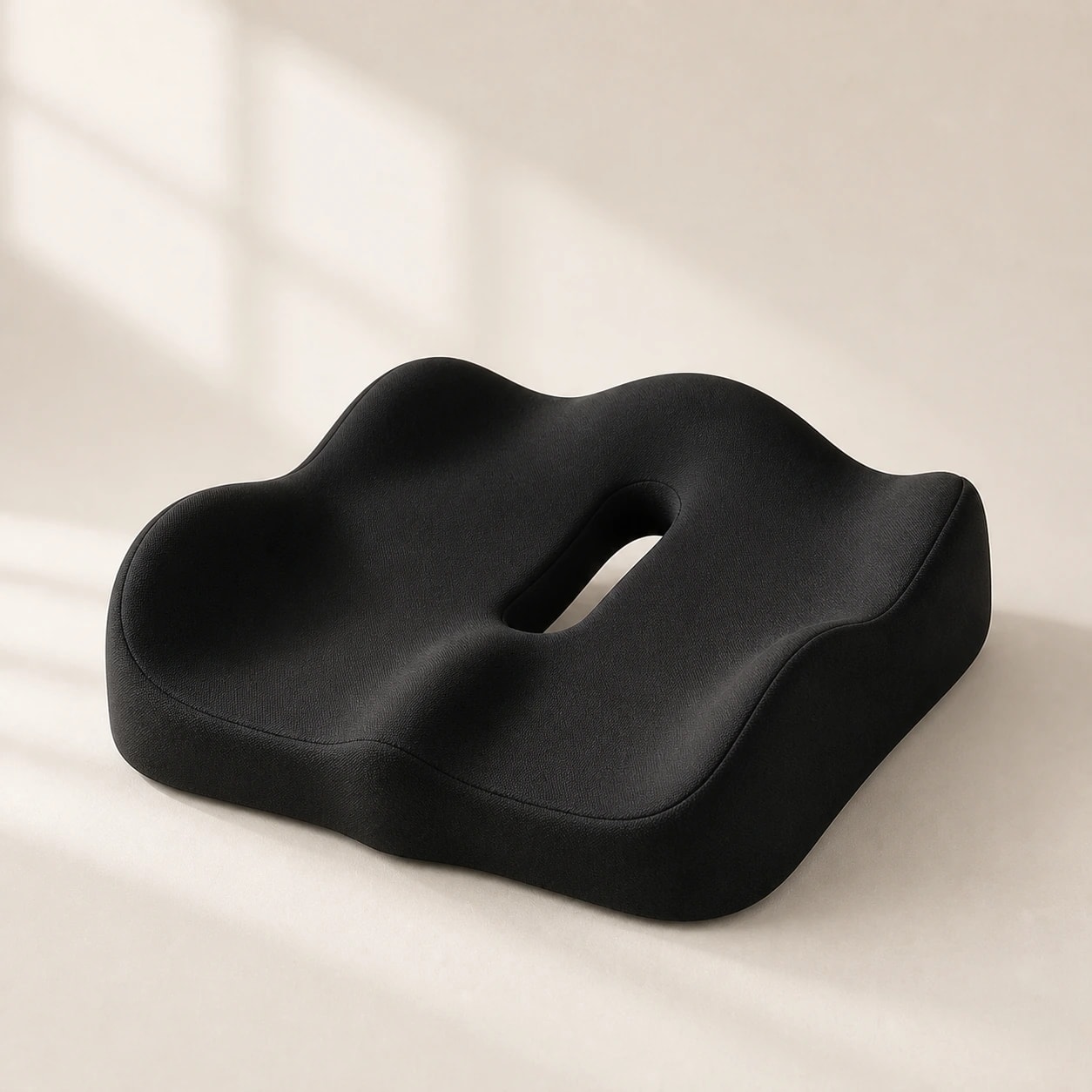SeatNest Mystery Black memory-foam cushion on a warm studio background