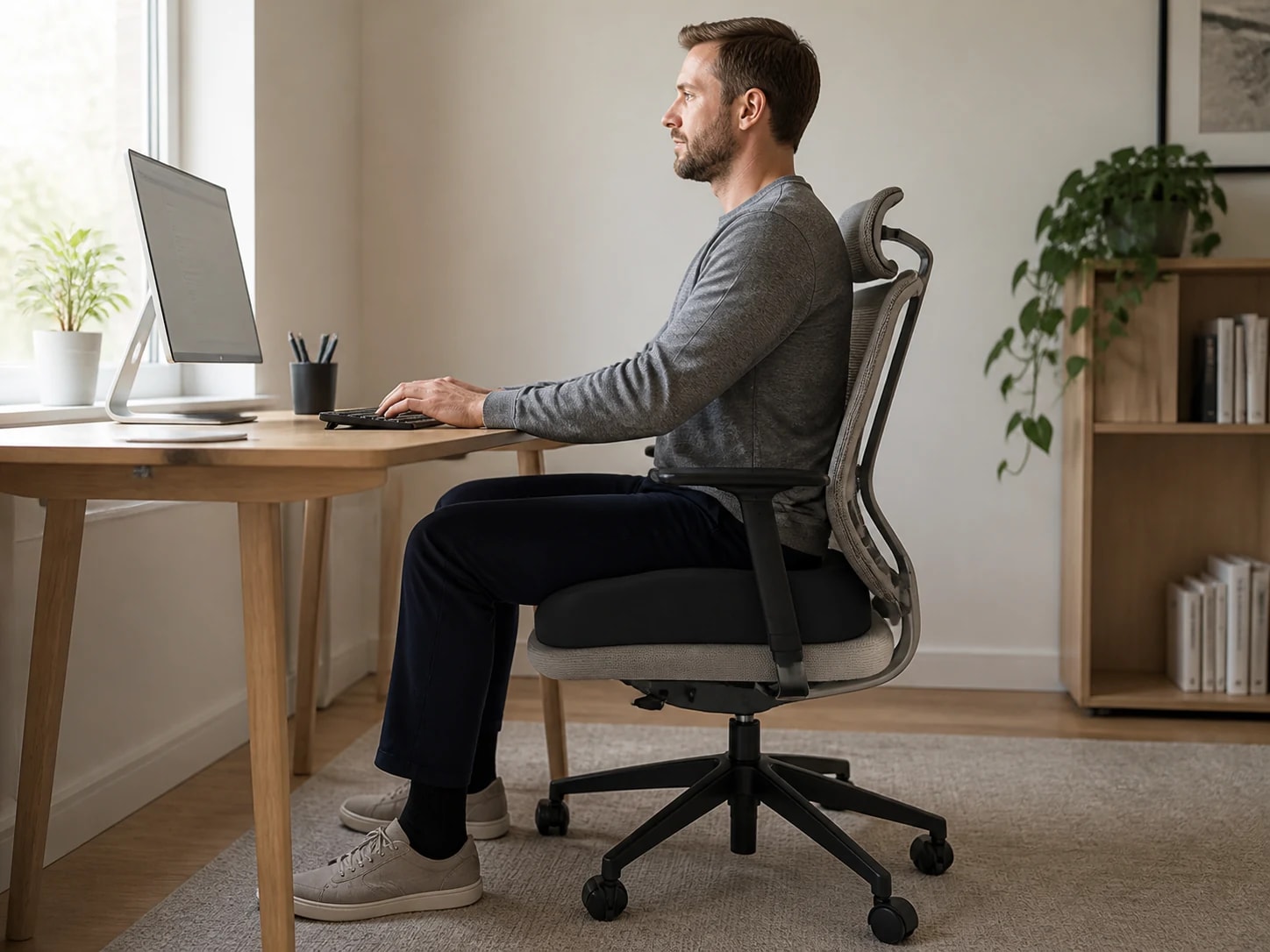 Person seated on SeatNest Memory Cushion at a home-office desk