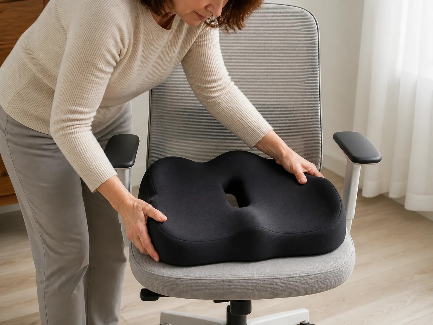 Black SeatNest cushion placed completely on a stable office-chair seat