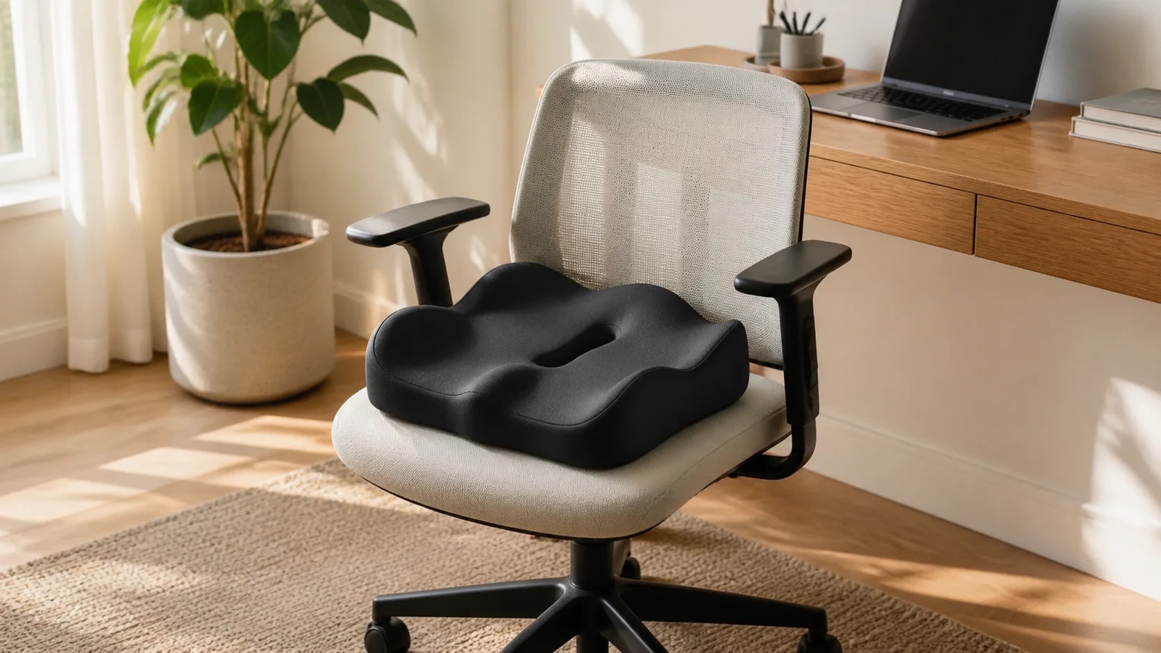 SeatNest Memory Cushion on an office chair in a bright home workspace