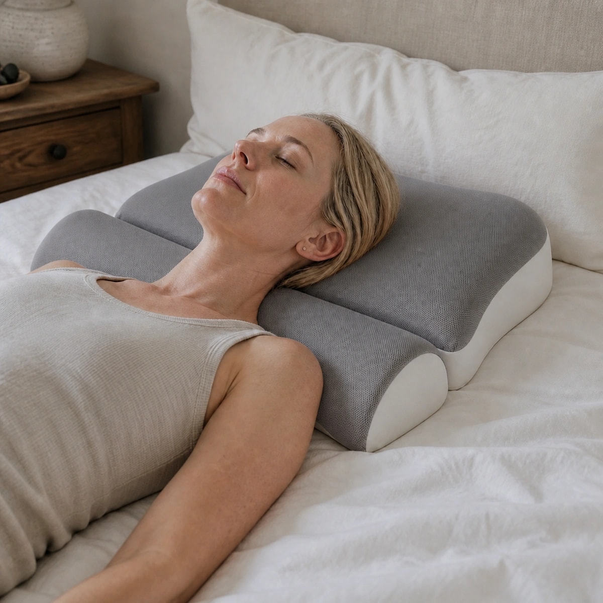 Adult back sleeper using both CloudArc components with the rear pad under the head and front bolster under the neck