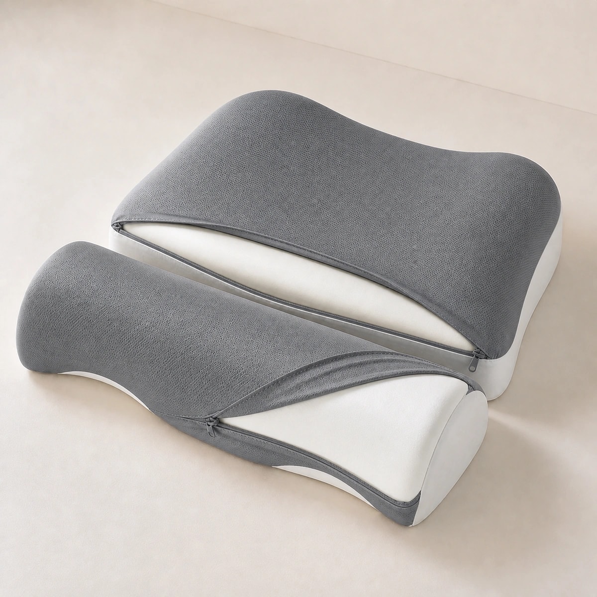 Close-up of a concealed zipper and removable matte Ink Grey CloudArc cover