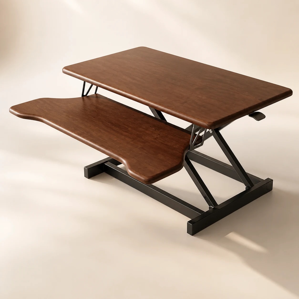 Rear three-quarter view of the WoodRise surfaces, steel frame, and base
