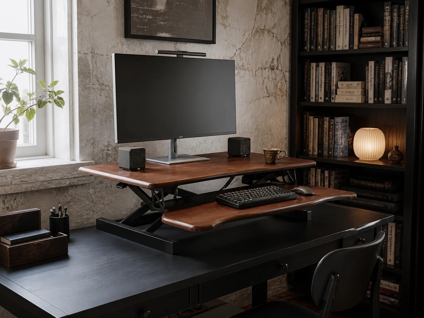 WoodRise desk converter in a lowered seated-work position on a home-office desk