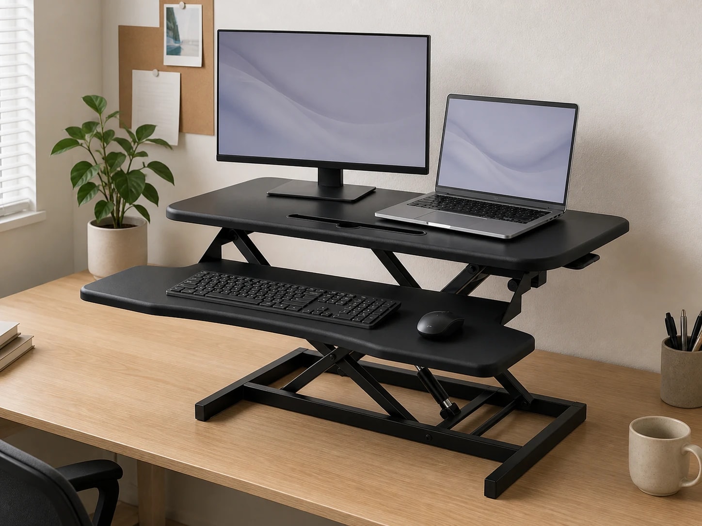 Black two-tier SwiftLift organized with a display above and keyboard and mouse below