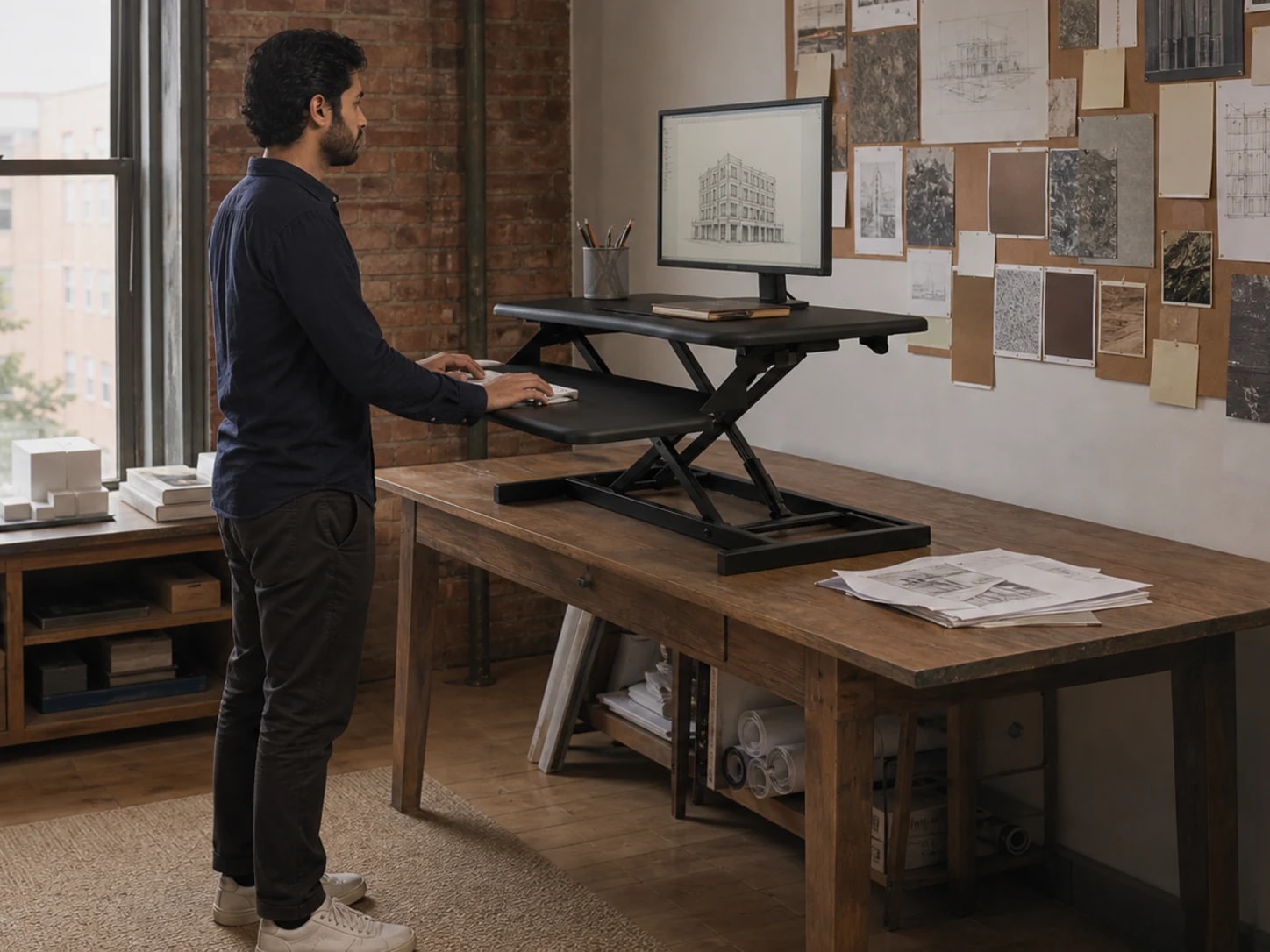 Person using the raised two-tier SwiftLift desk riser in a natural home office