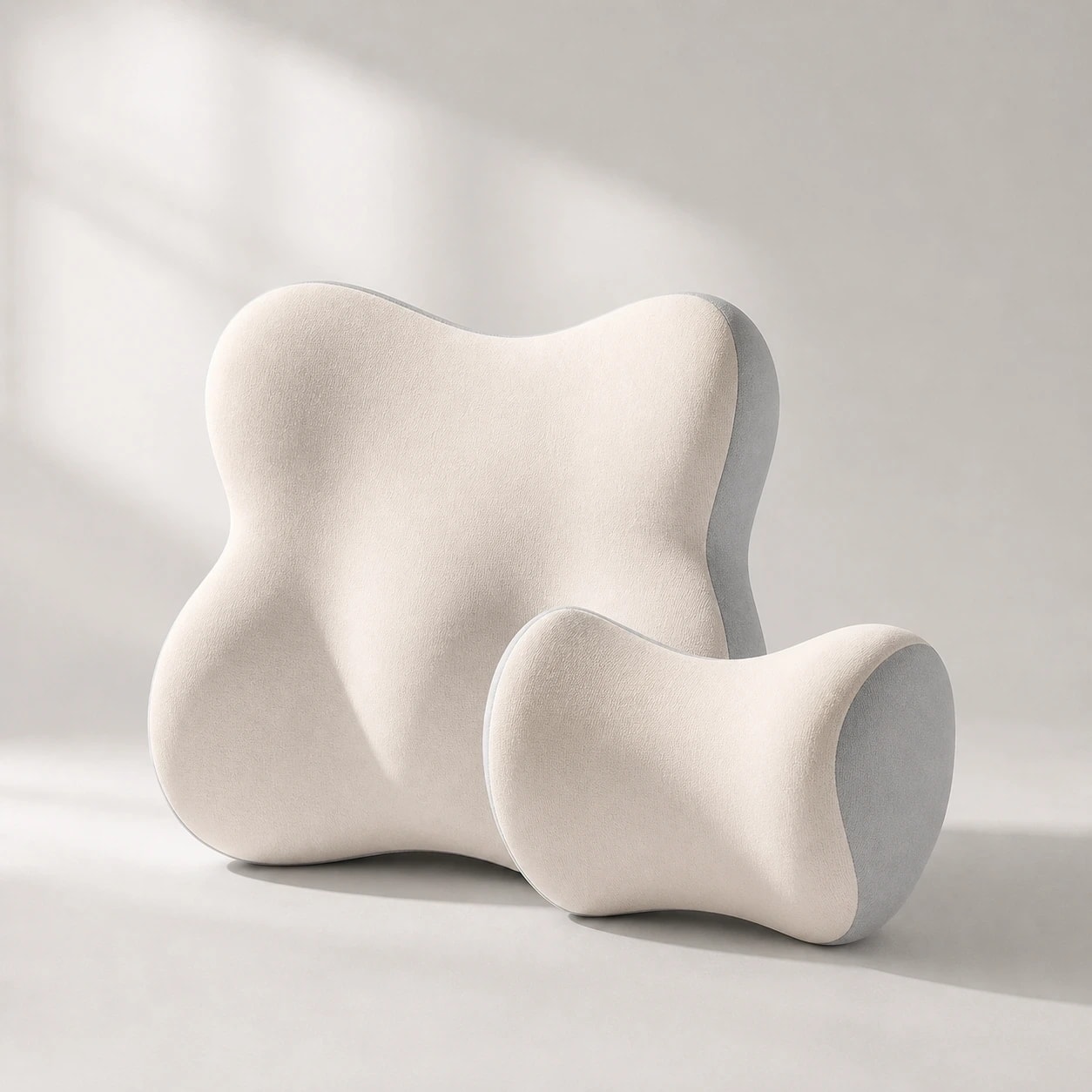 DriveNest Duo beige-and-gray headrest and lumbar cushions in a warm light-gray studio