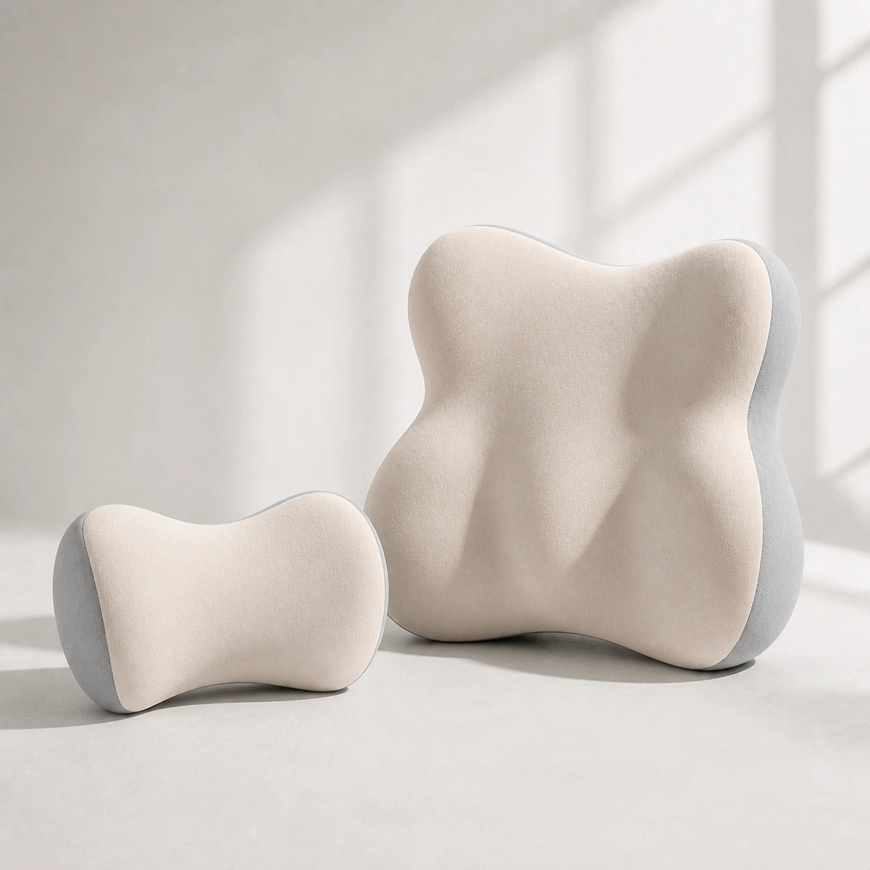Angled studio view of the separate DriveNest headrest and lumbar cushions
