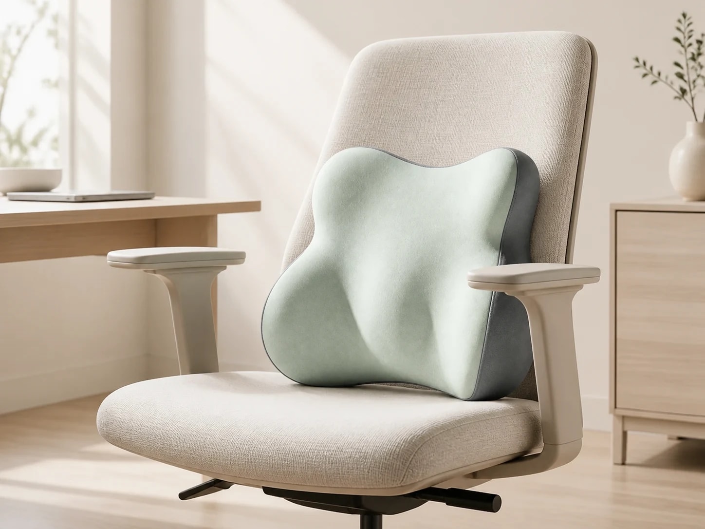 Gray-green LumaWing positioned low against an oatmeal office-chair back
