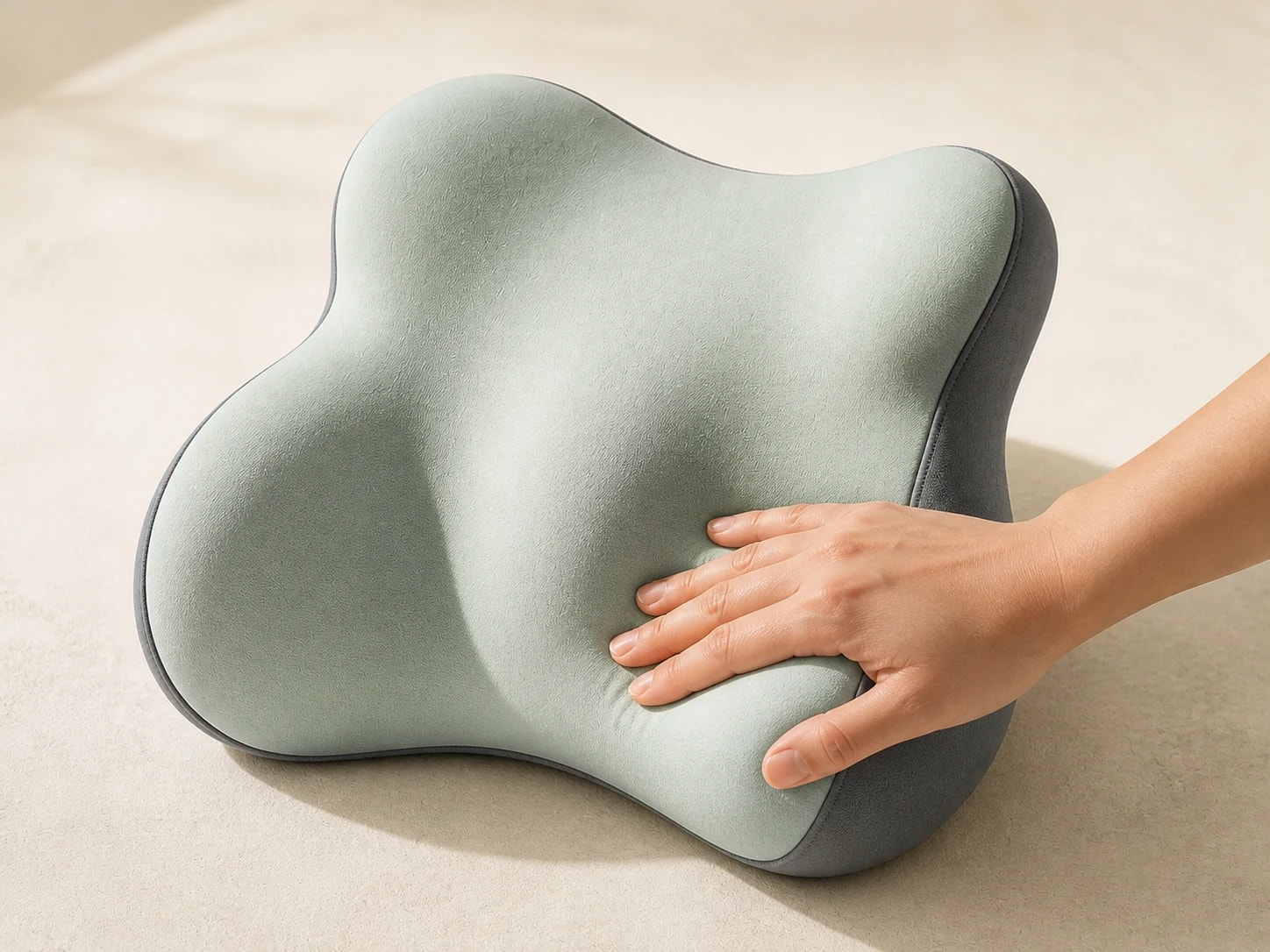 Hand gently pressing the LumaWing slow-rebound memory-foam surface