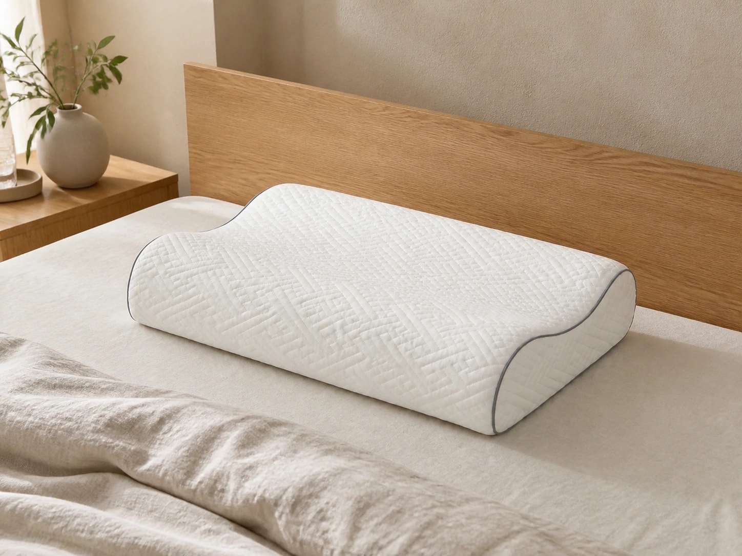 Accurate low-profile WaveRest Memory Pillow centered naturally on a bed