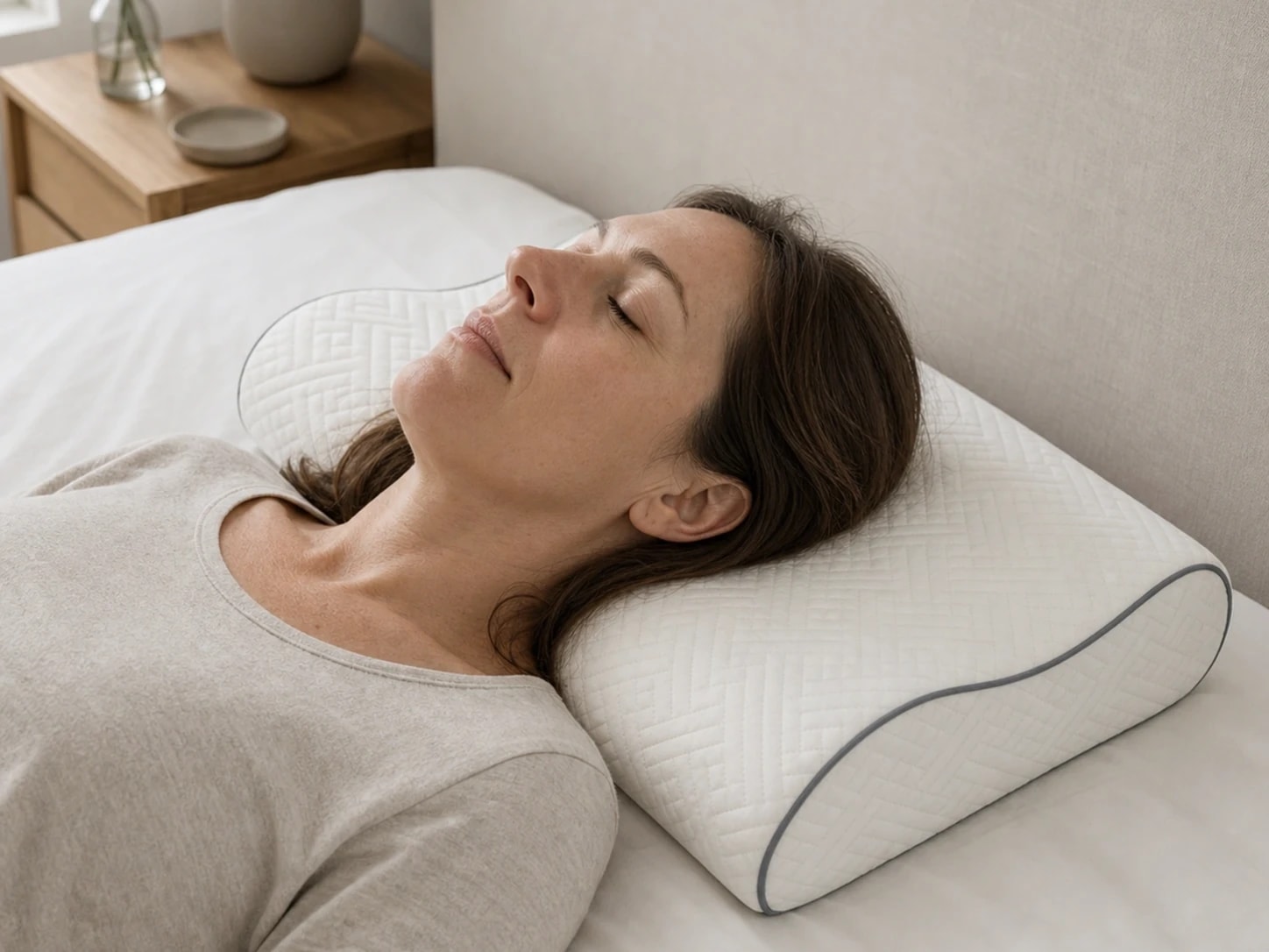 Adult back sleeper with neck on a WaveRest roll, head in the shallow trough, and shoulders on the mattress