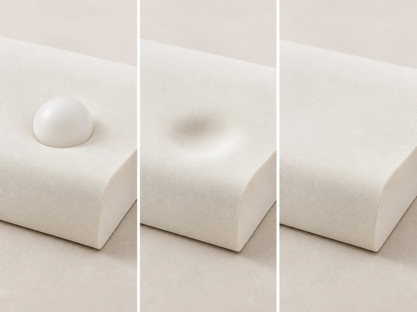 Three-frame slow-rebound demonstration using a sphere on the white WaveRest foam