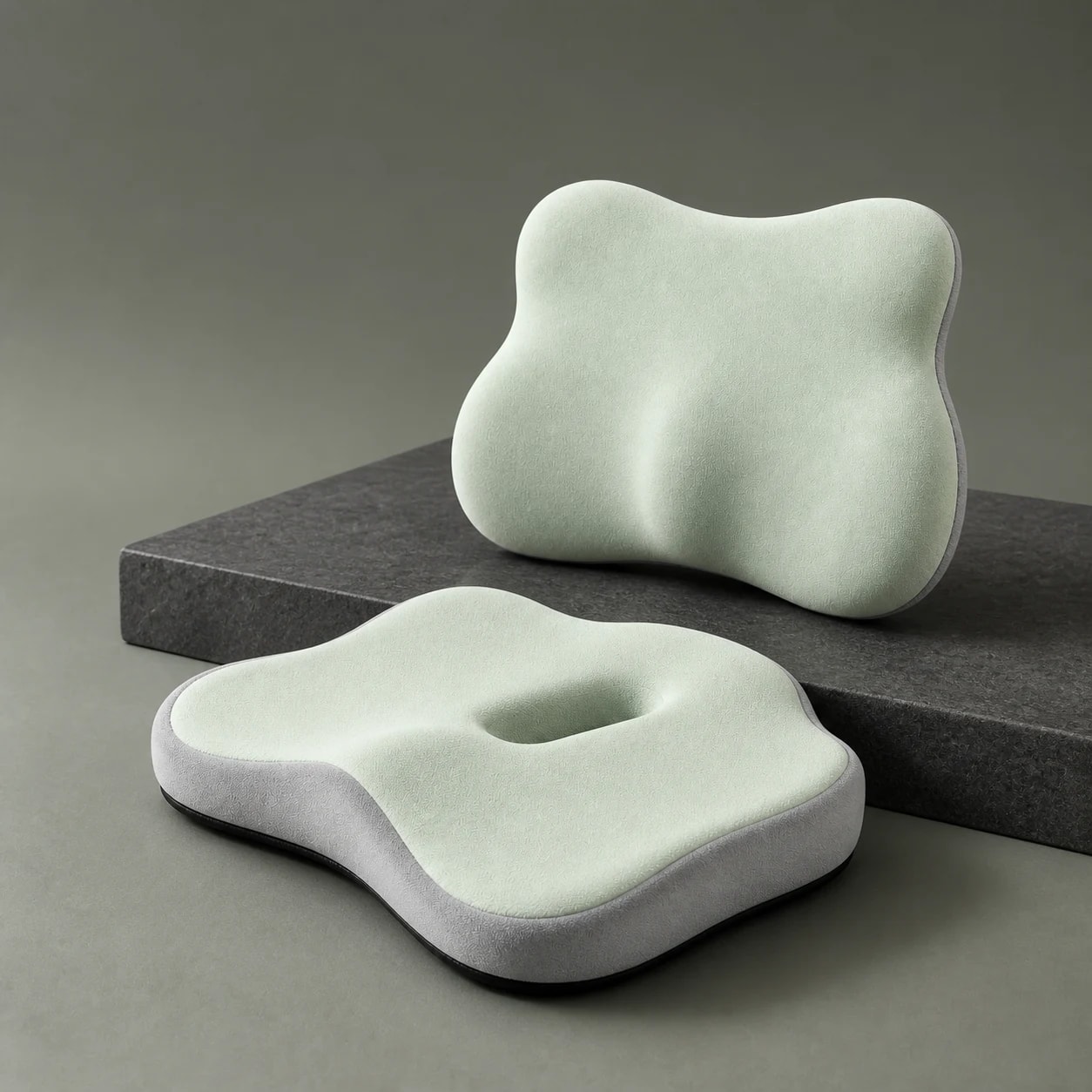 Angled studio view of the separate SitContour seat and lumbar cushions