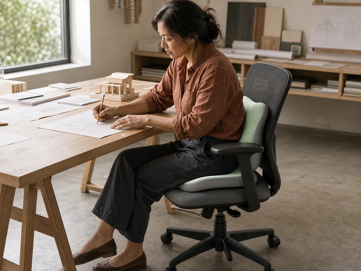 Architect seated naturally on SitContour Duo in a bright studio