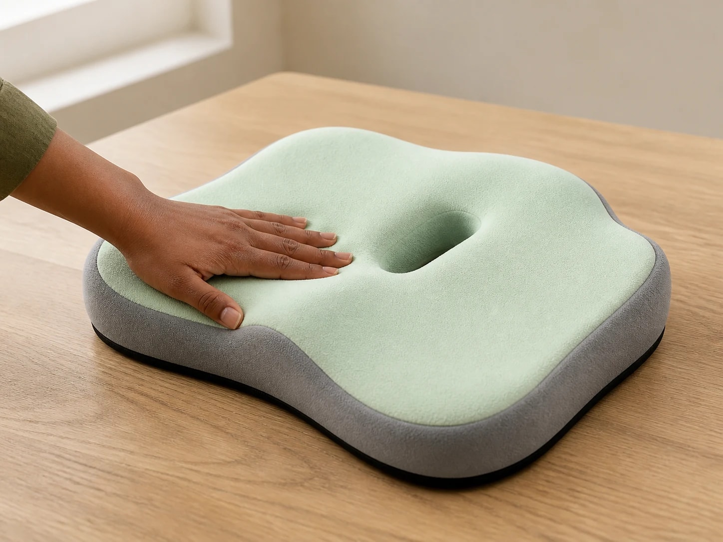 Hand gently pressing the SitContour seat-cushion surface