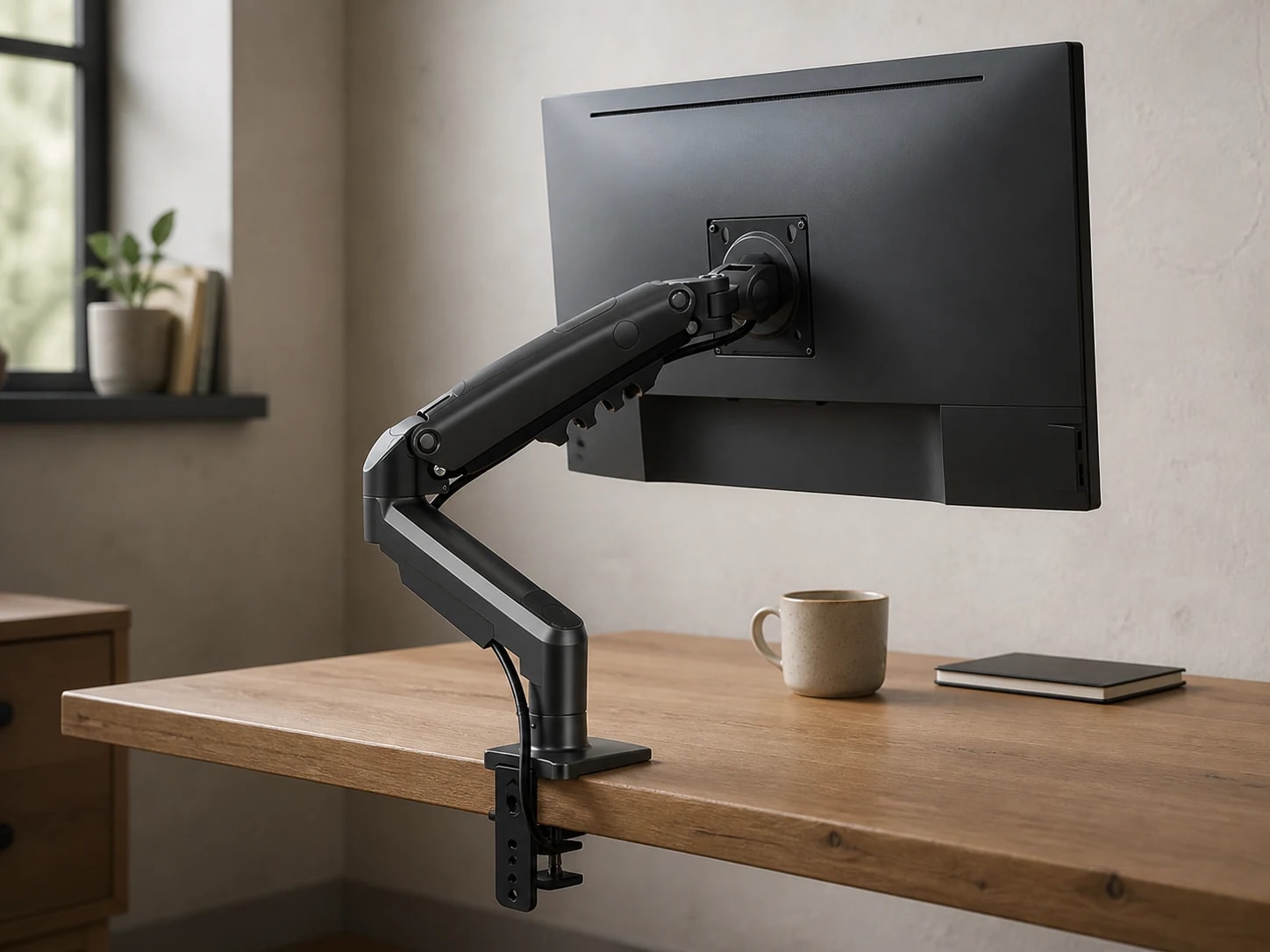 One monitor supported above a clear graphite tech desk by the black ViewGlide arm