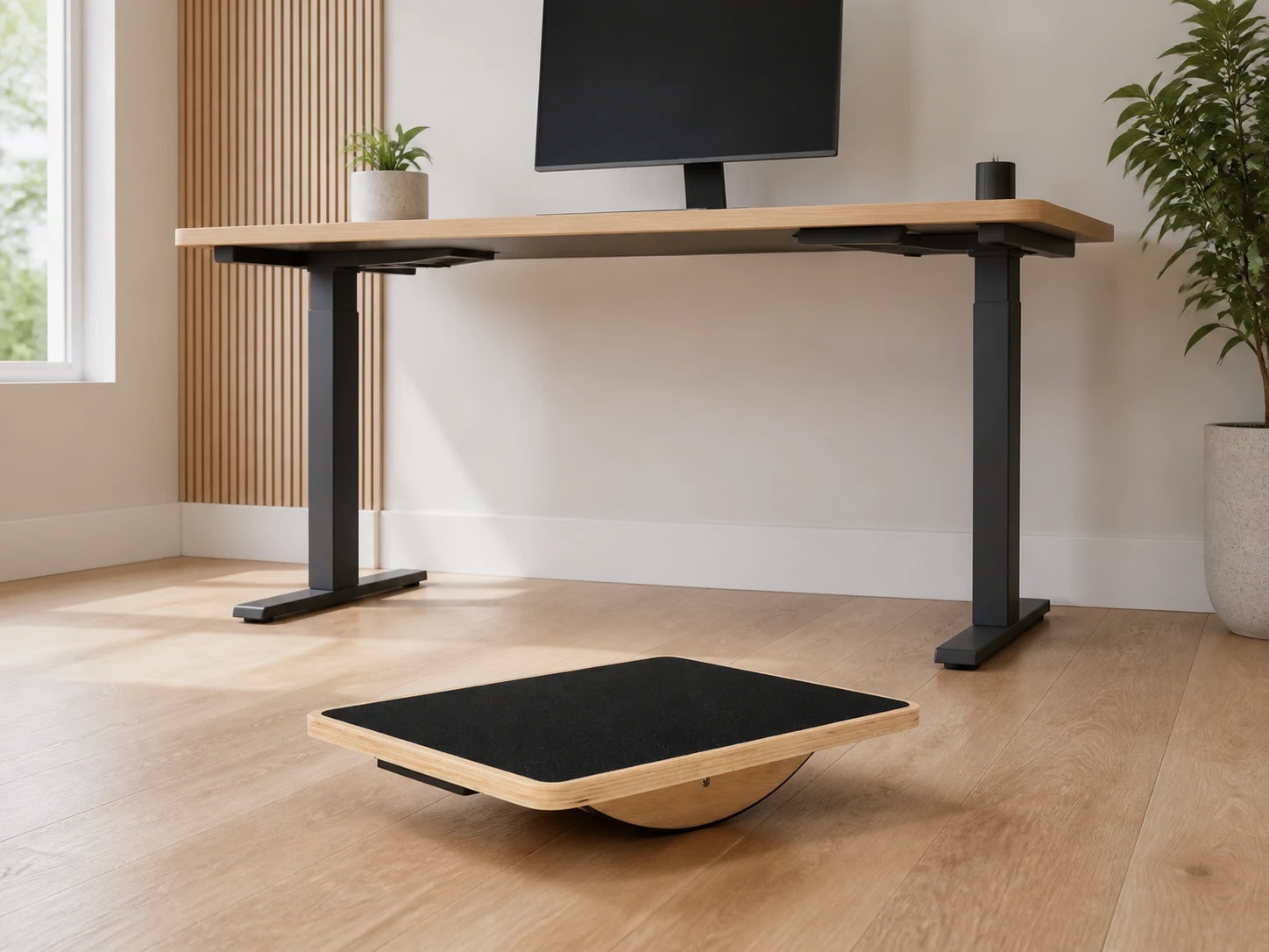 PivotArc balance board placed beneath an empty height-adjustable standing desk