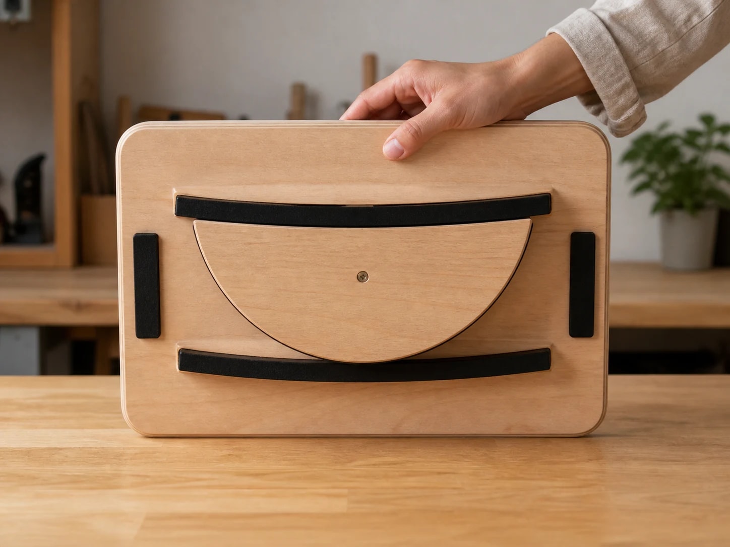 Hand holding the PivotArc board to show its fixed wooden rocker and underside strips