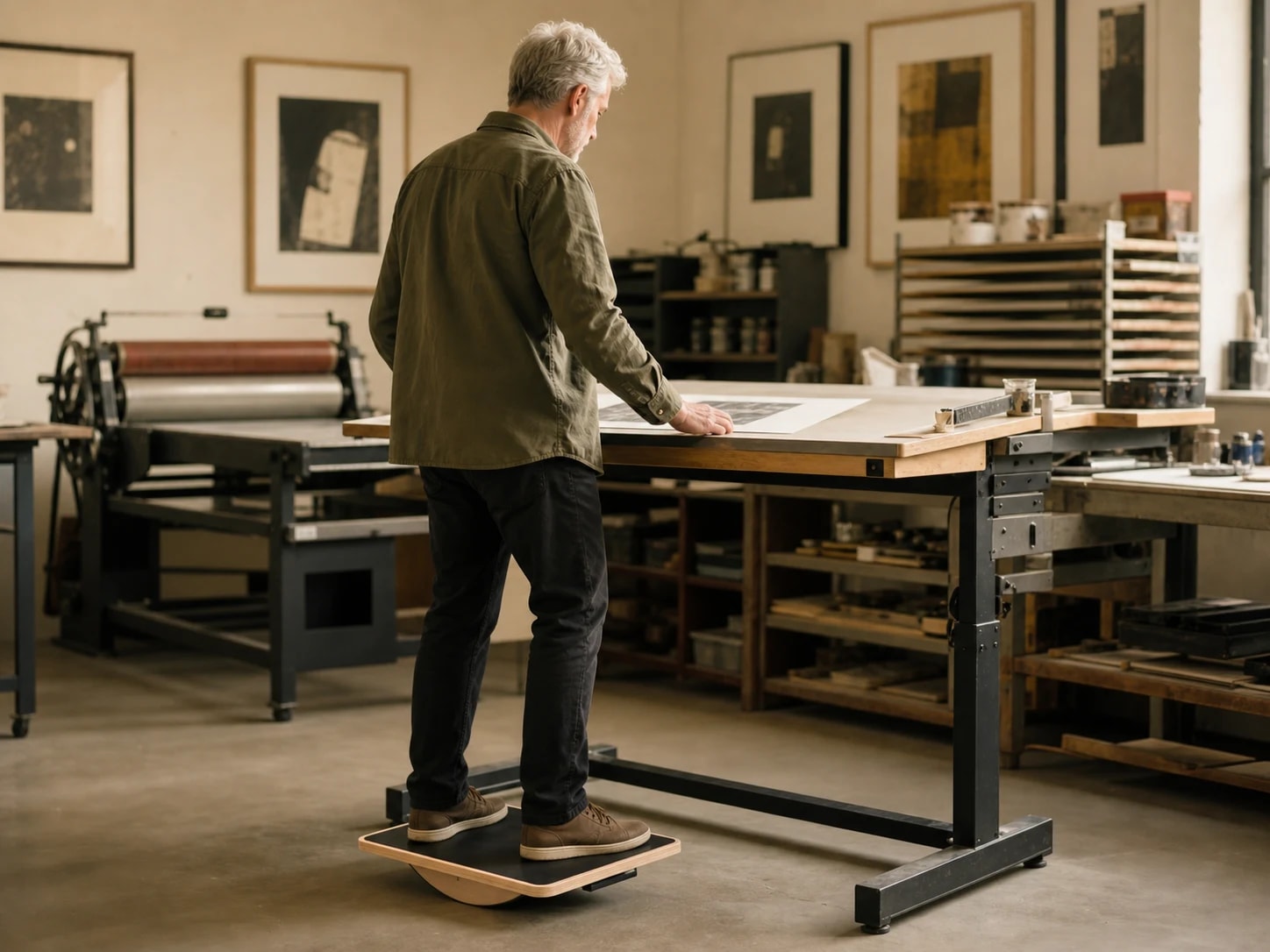Older adult using the PivotArc board at a standing worktable in a print studio