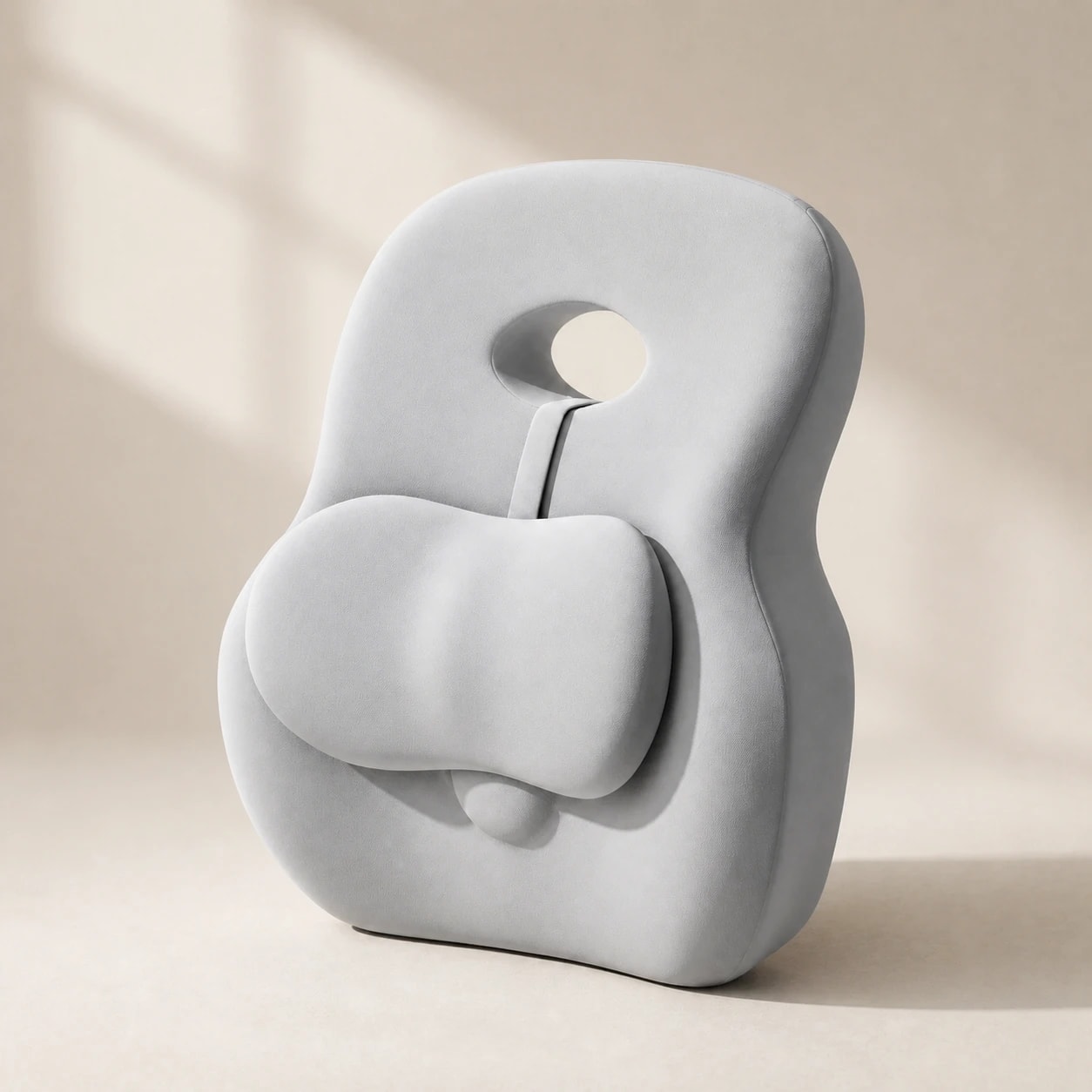 HaloBack volcanic-gray sculpted support cushion on a warm ivory studio set