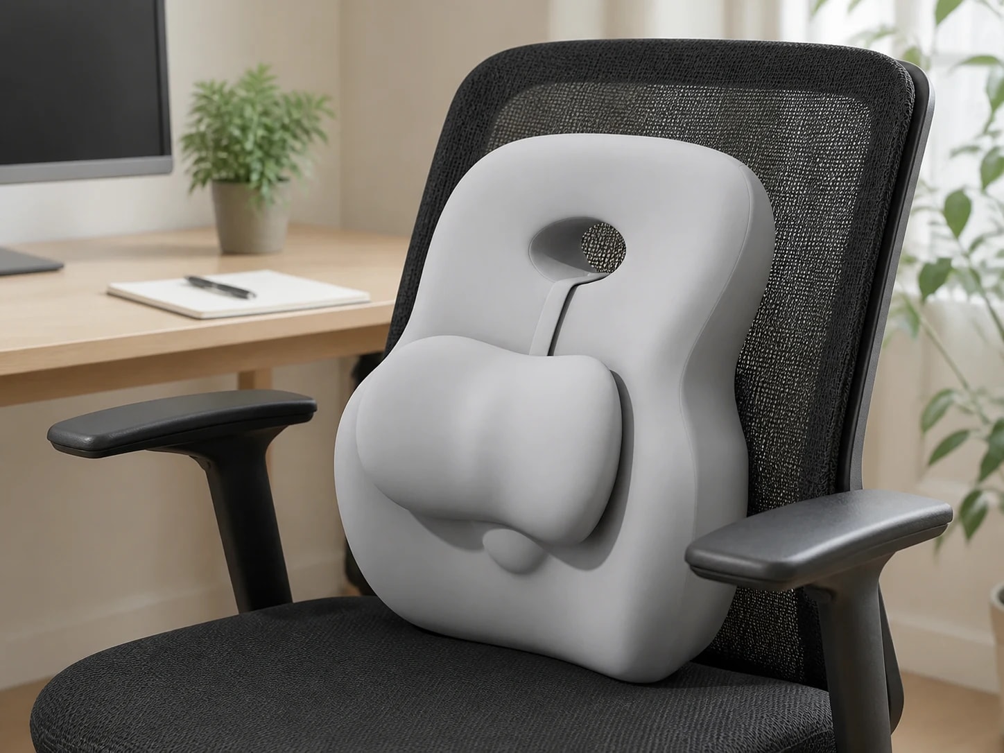 HaloBack support cushion positioned on an empty mesh office chair