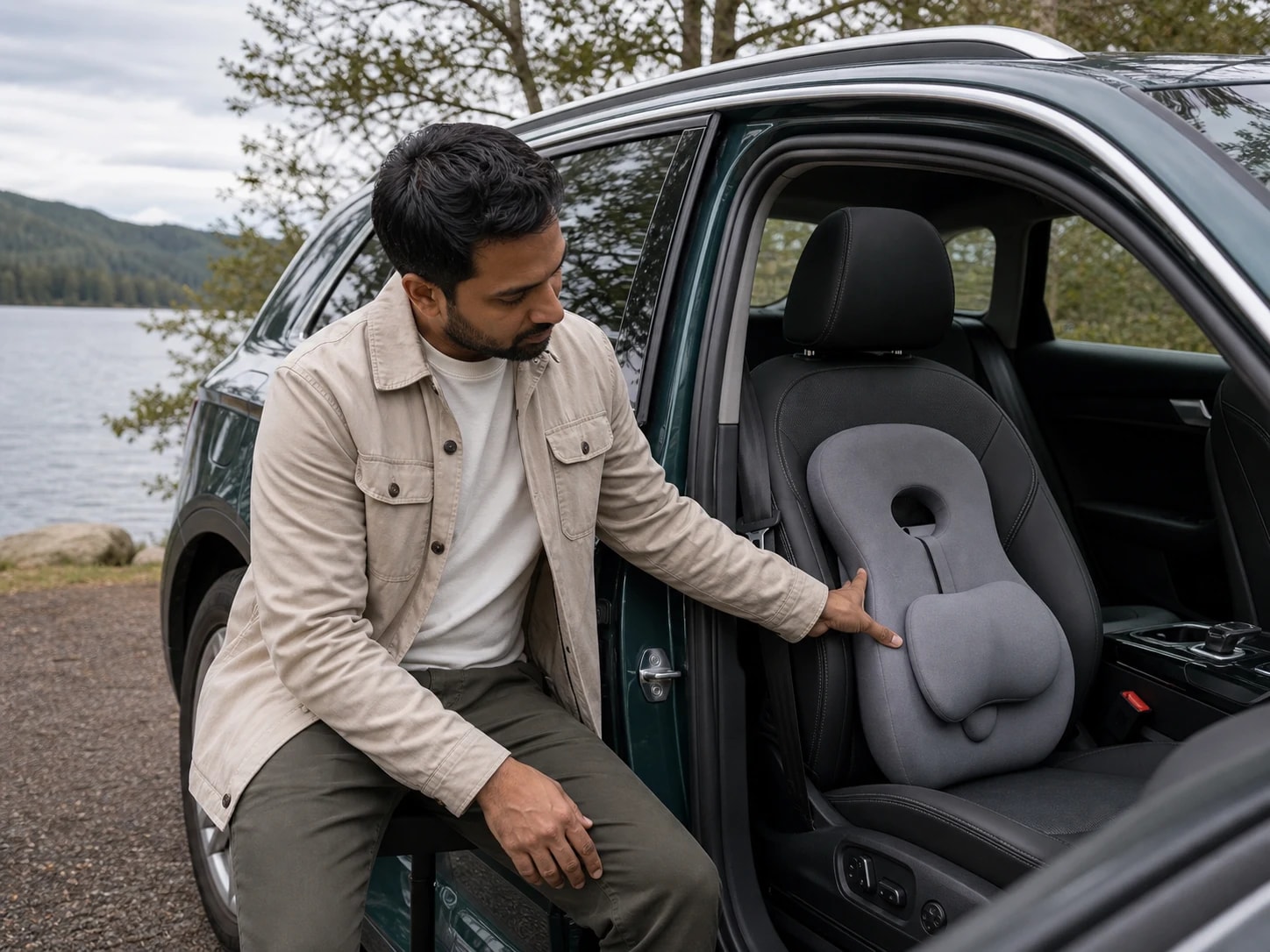 Person checking HaloBack lower-cushion placement in a stationary car
