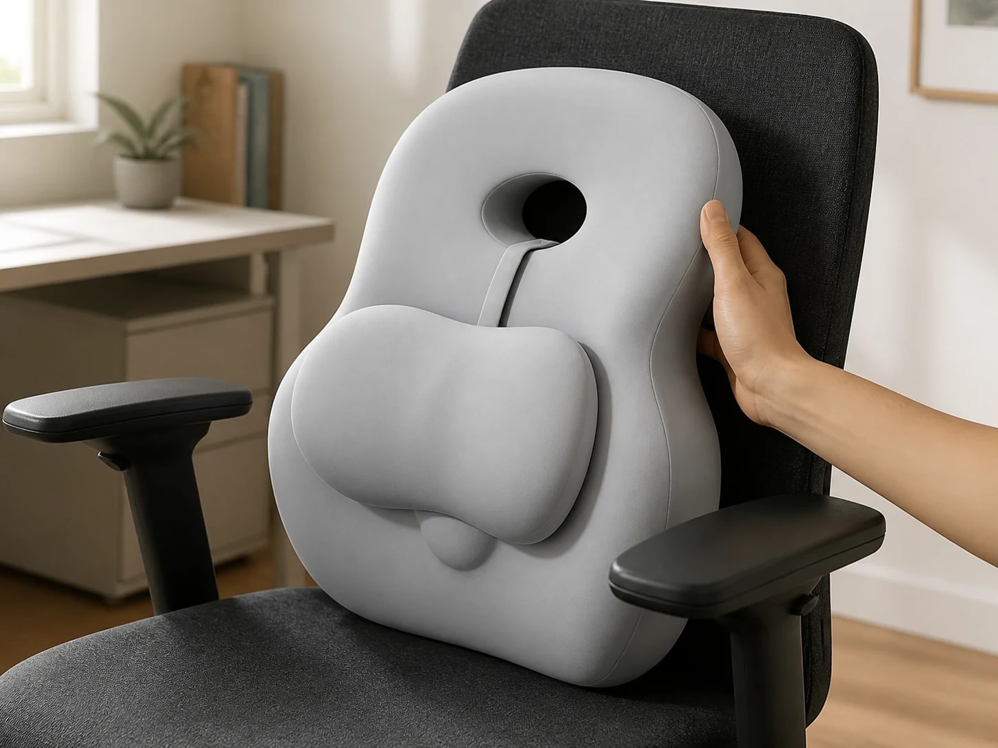 Hand repositioning the one-piece HaloBack cushion on an empty office chair