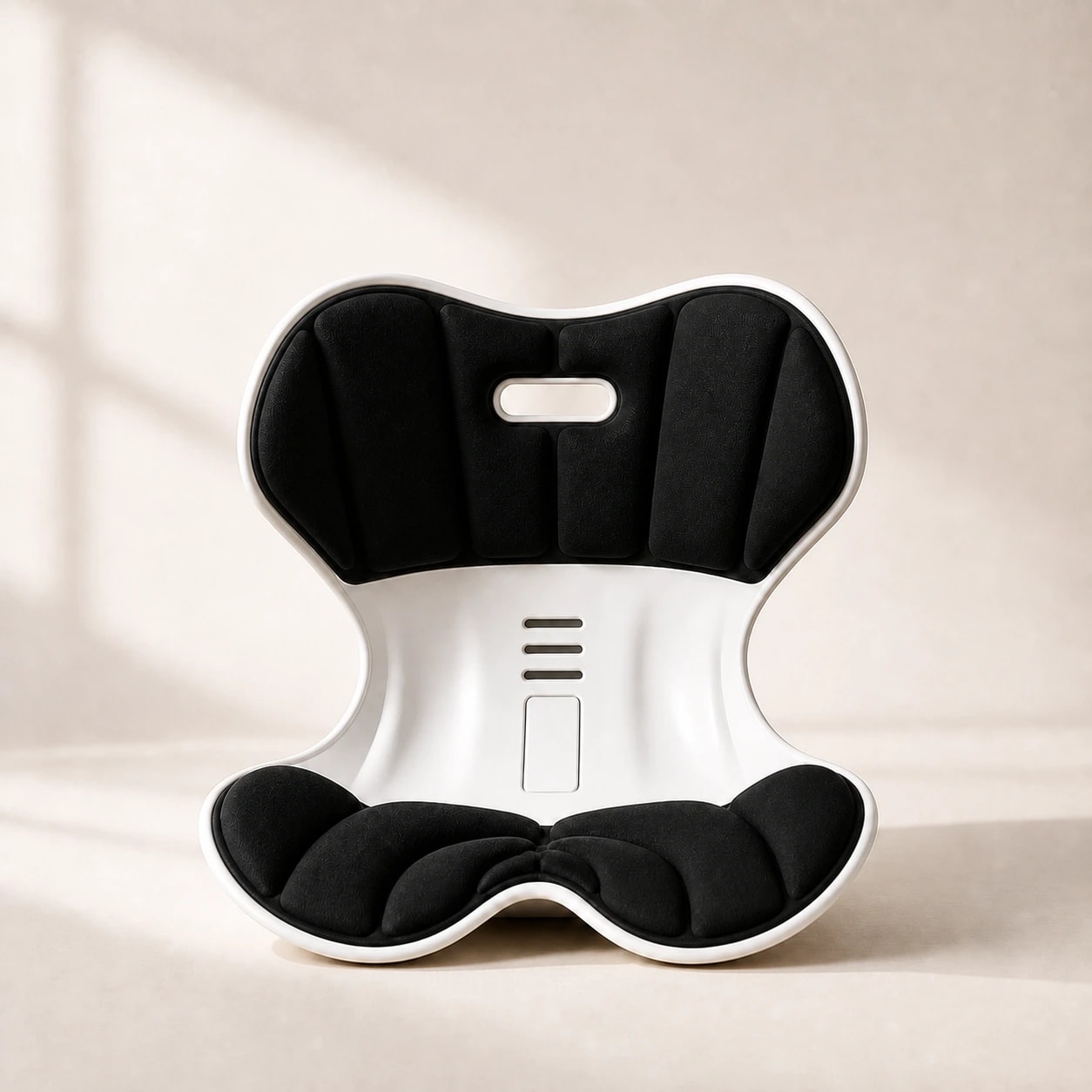 PostureShell integrated support seat with black contact zones and a white outer silhouette in a warm studio