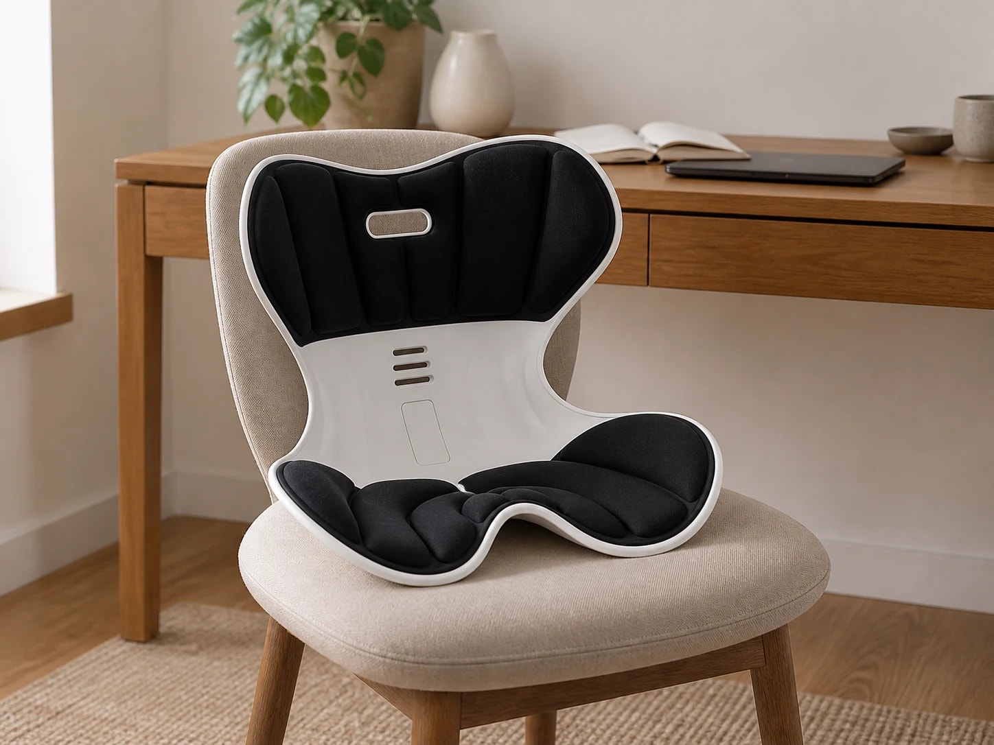 Empty PostureShell Support Seat positioned on a broad armless chair in a home workspace