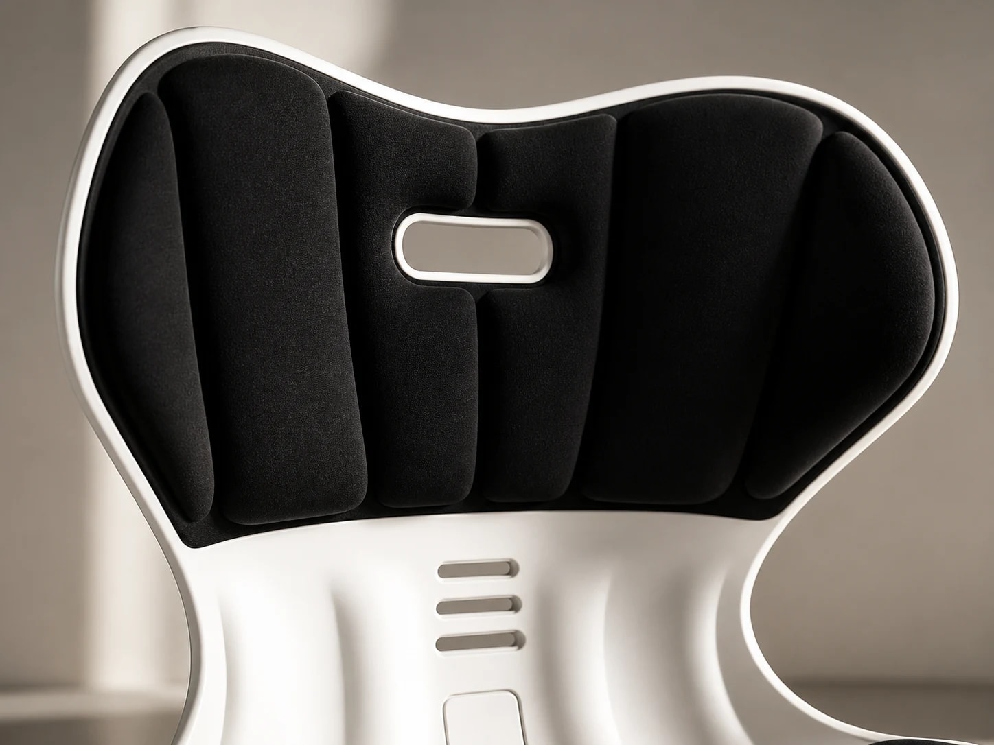 Close view of the PostureShell winged back, segmented black contact zones, and horizontal opening