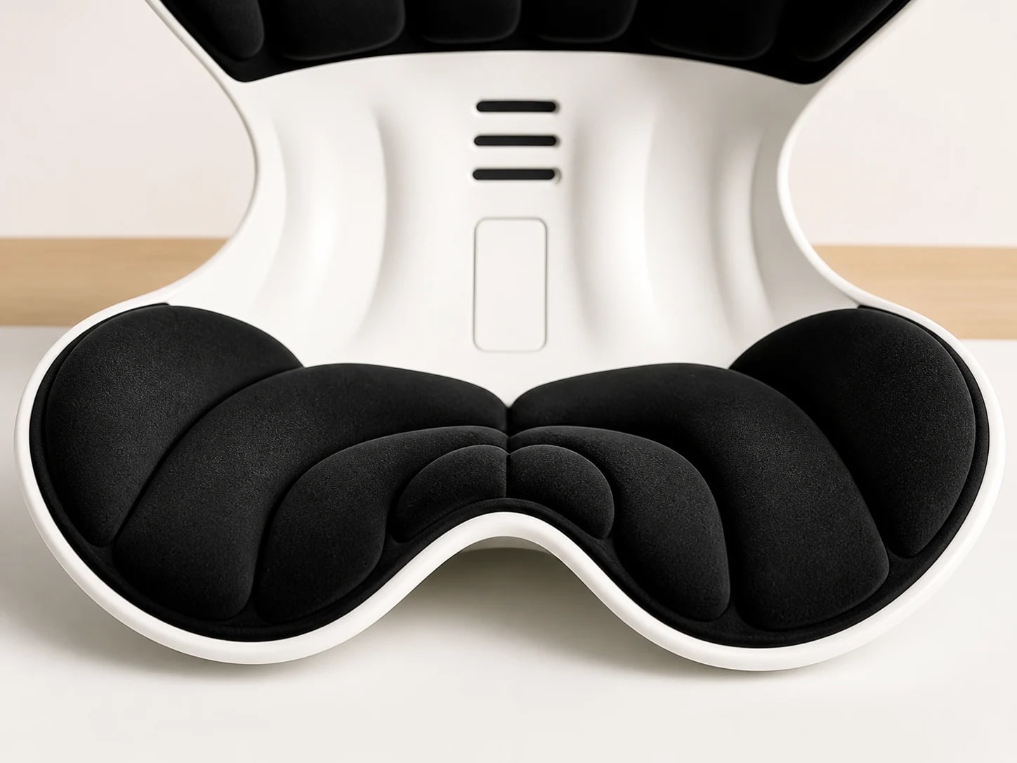 Close view of the PostureShell sculpted black seat zones and curved front edge