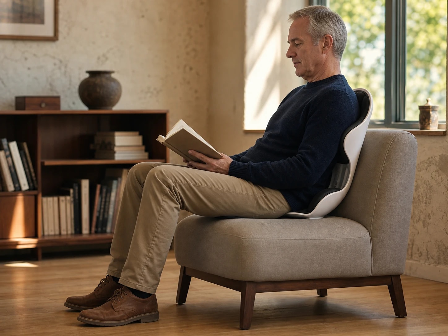 Mature man reading while seated with the PostureShell on a broad chair