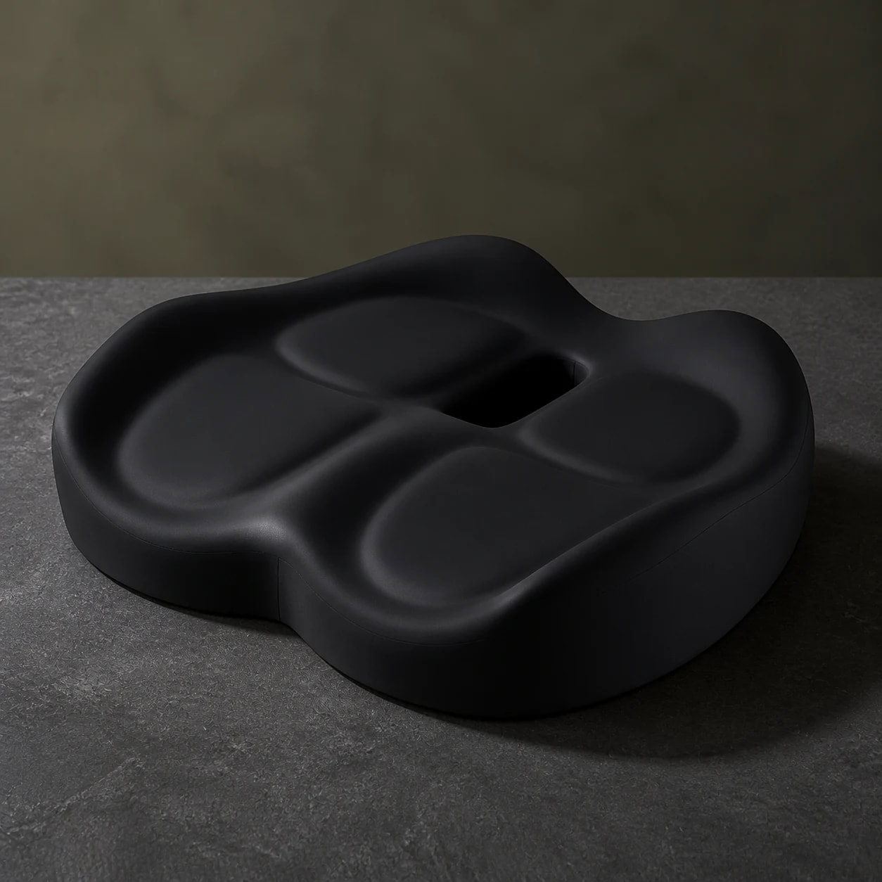 Dark editorial studio view of the black ContourX cushion