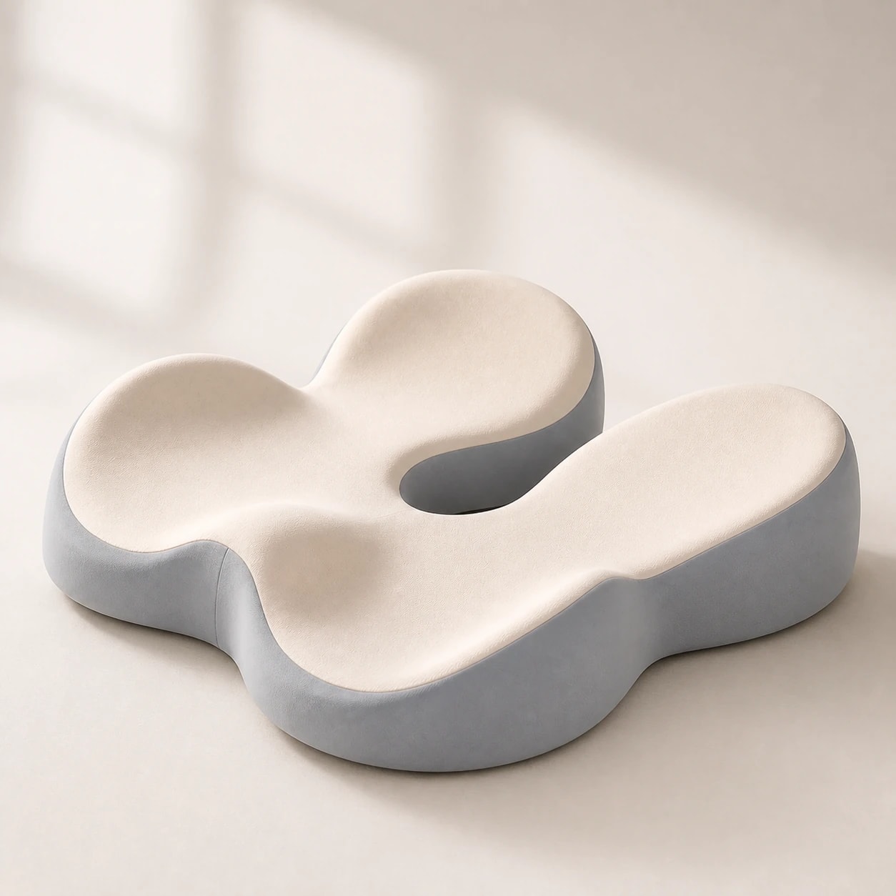 Cream and gray Memory Foam Seat Cushion with a sculpted seat surface and rear U-shaped opening