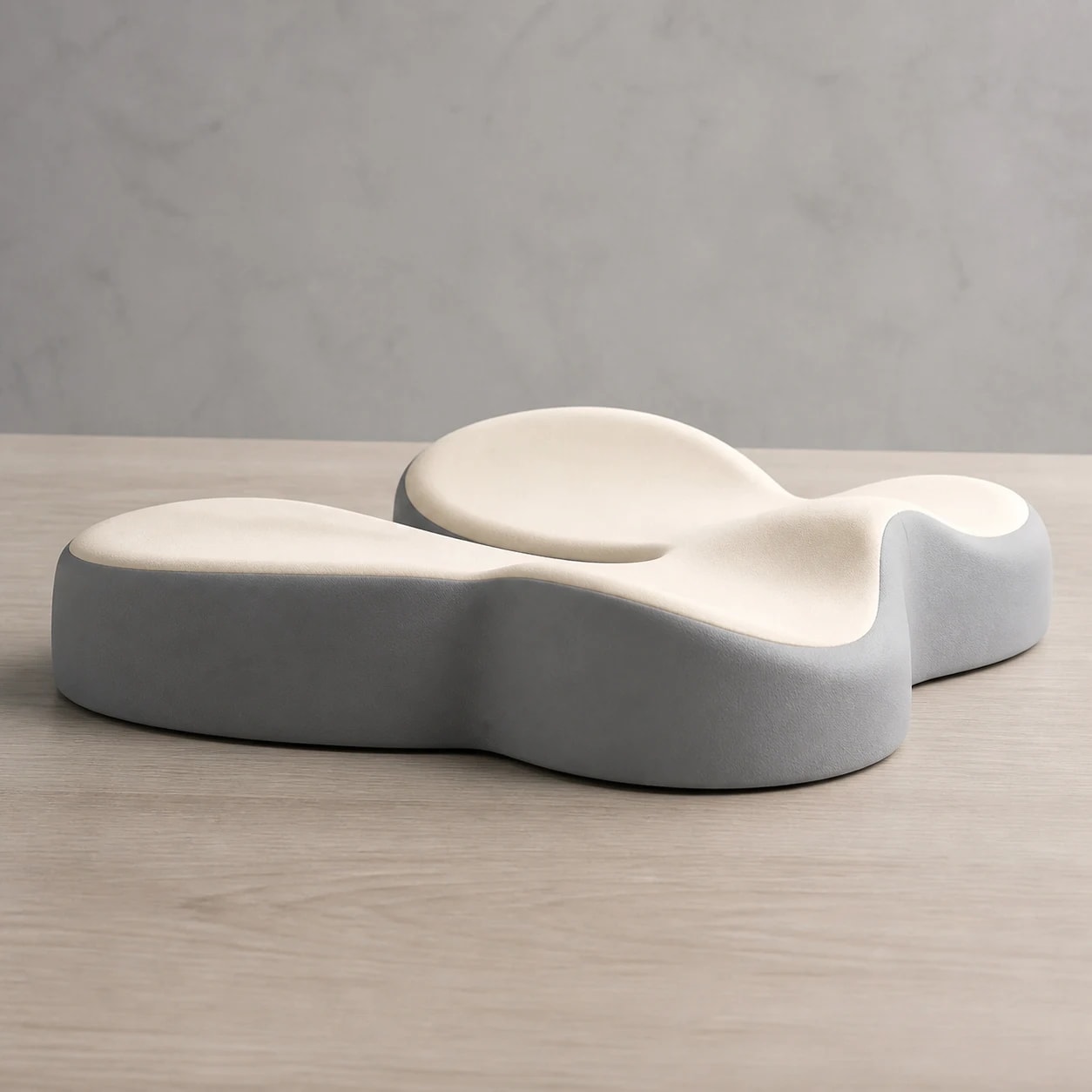 Low side and rear profile of the cream and gray Memory Foam Seat Cushion