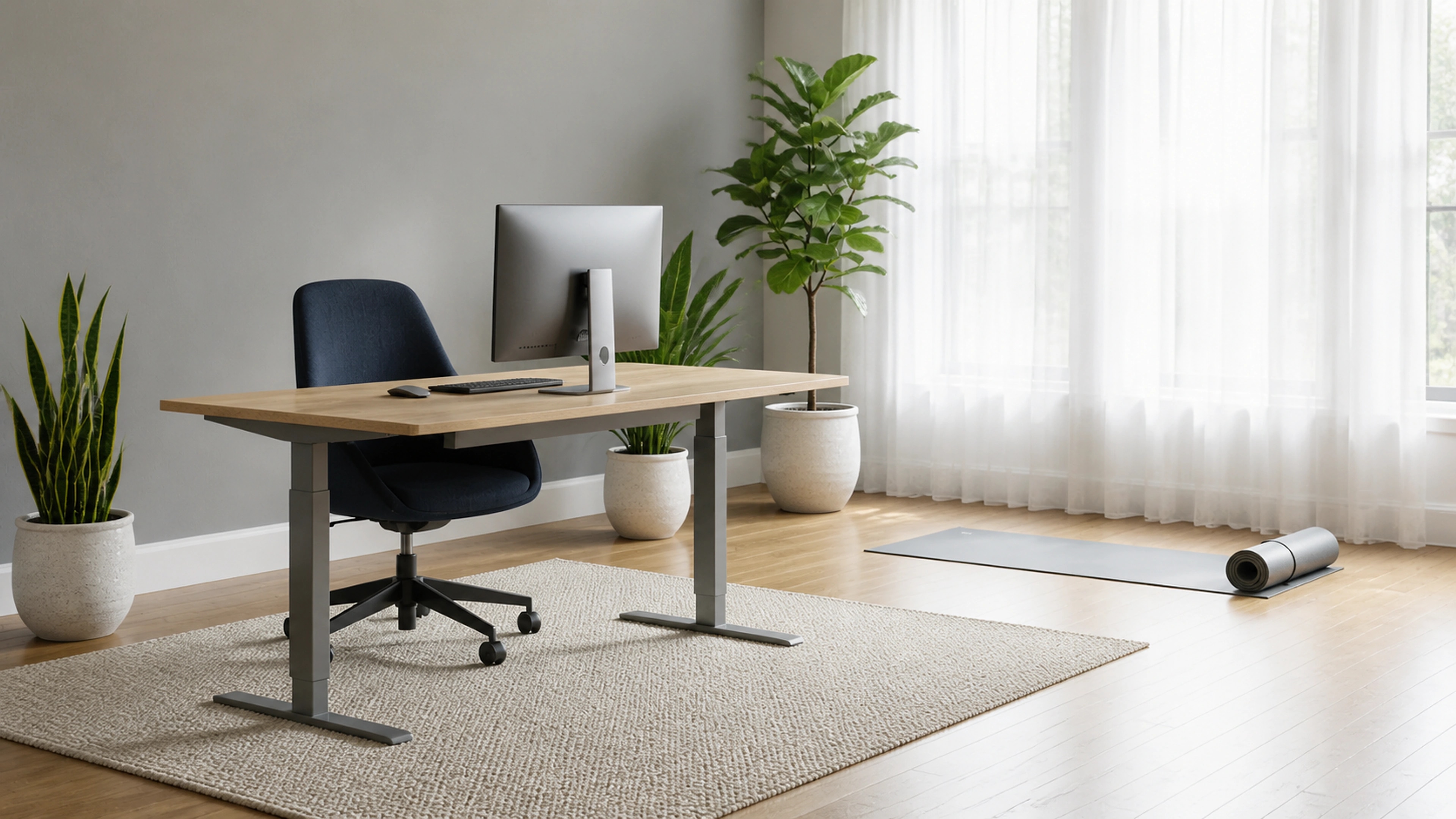 Office worker performing a relaxed standing stretch beside a desk during a short workday break