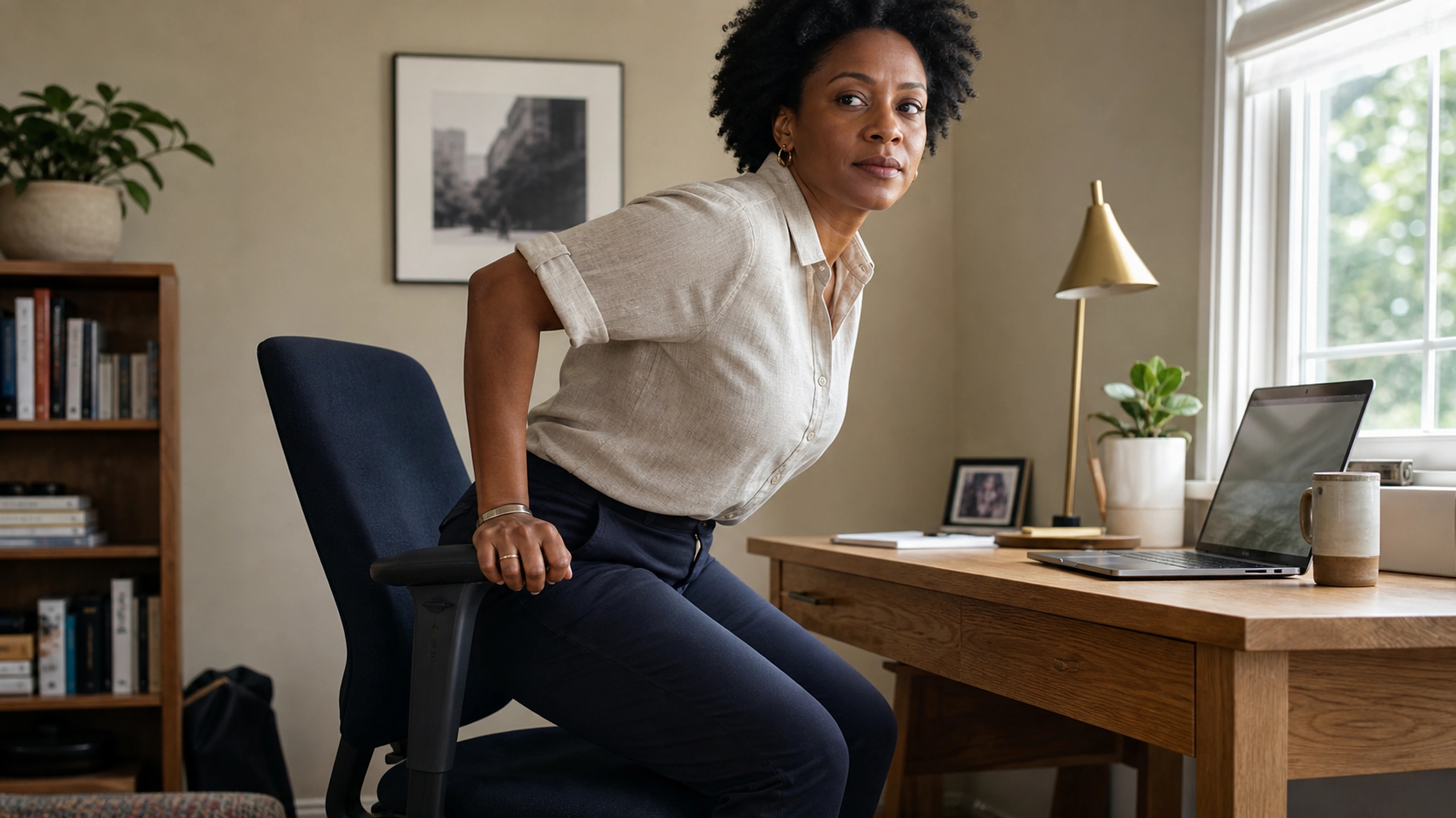 Desk worker comparing seated comfort and chair fit in a calm home workspace