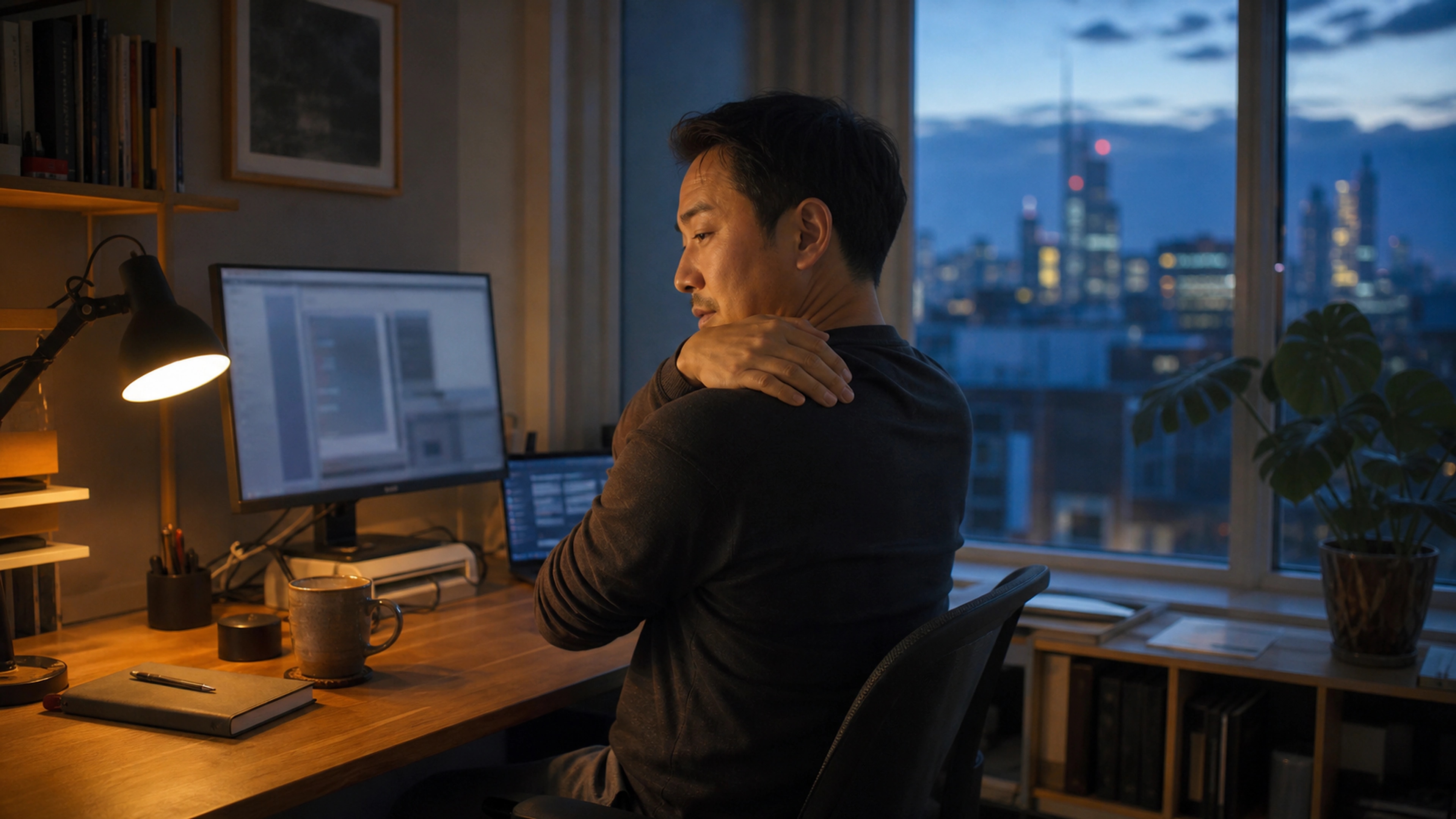 Focused office worker pausing to adjust their chair during a long afternoon at the computer