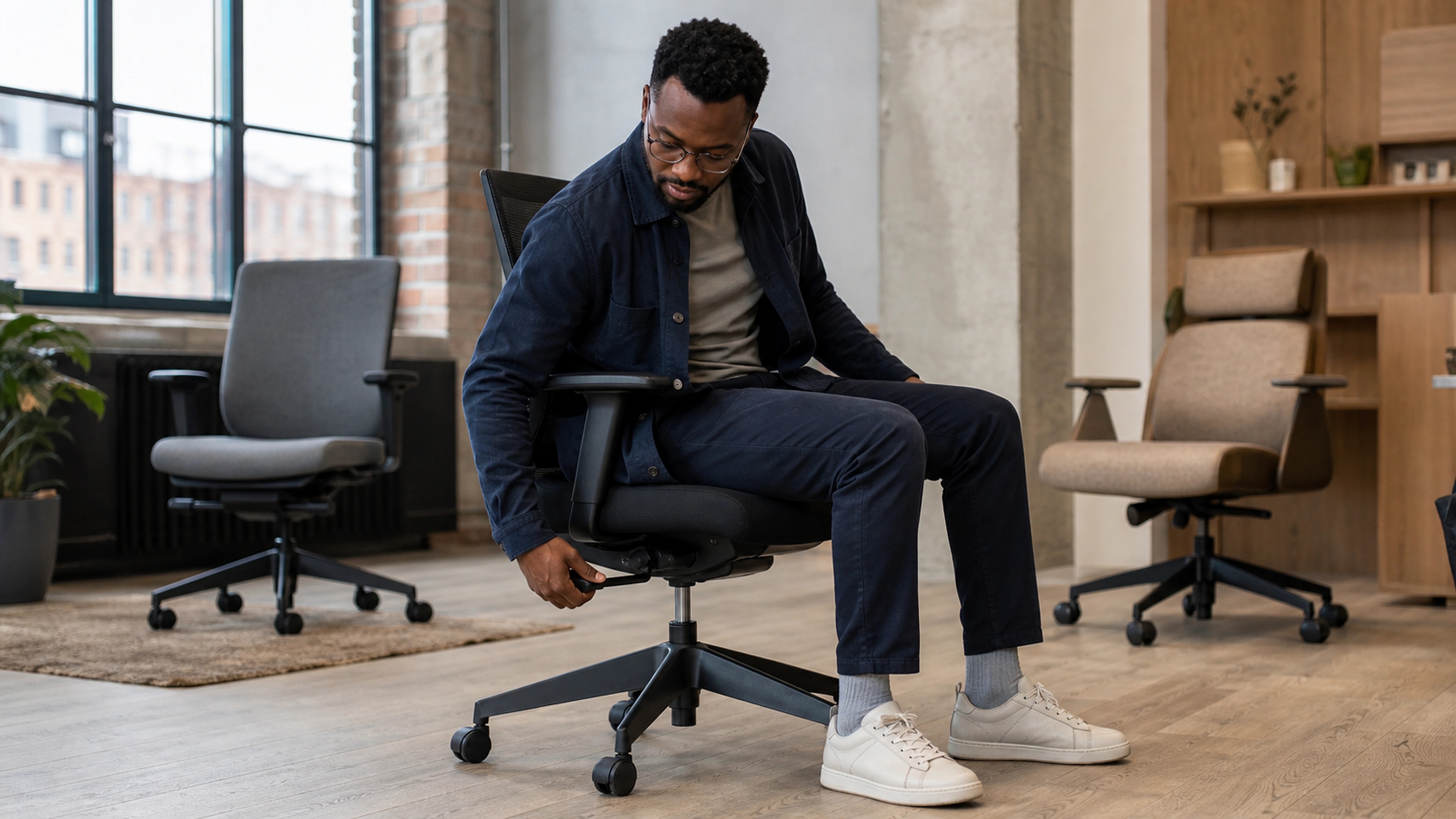 Office worker testing chair adjustments and seated fit in a naturally lit contemporary workspace