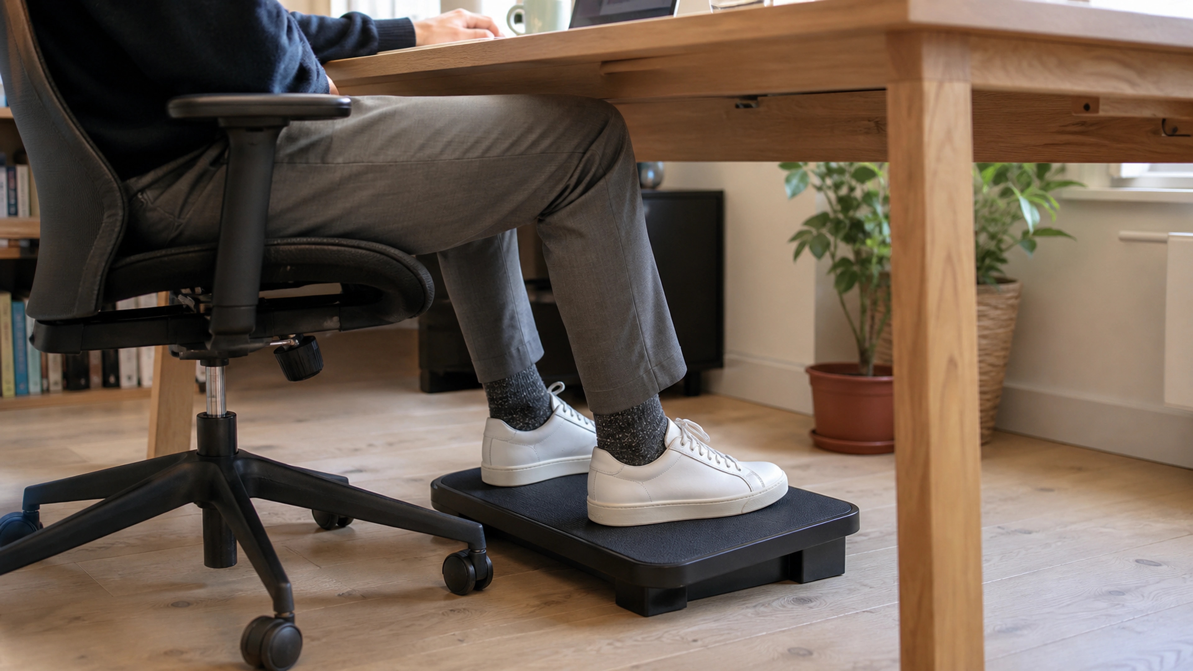 Floor-level view of a desk worker alternating foot positions and lifting one heel beneath a timber desk
