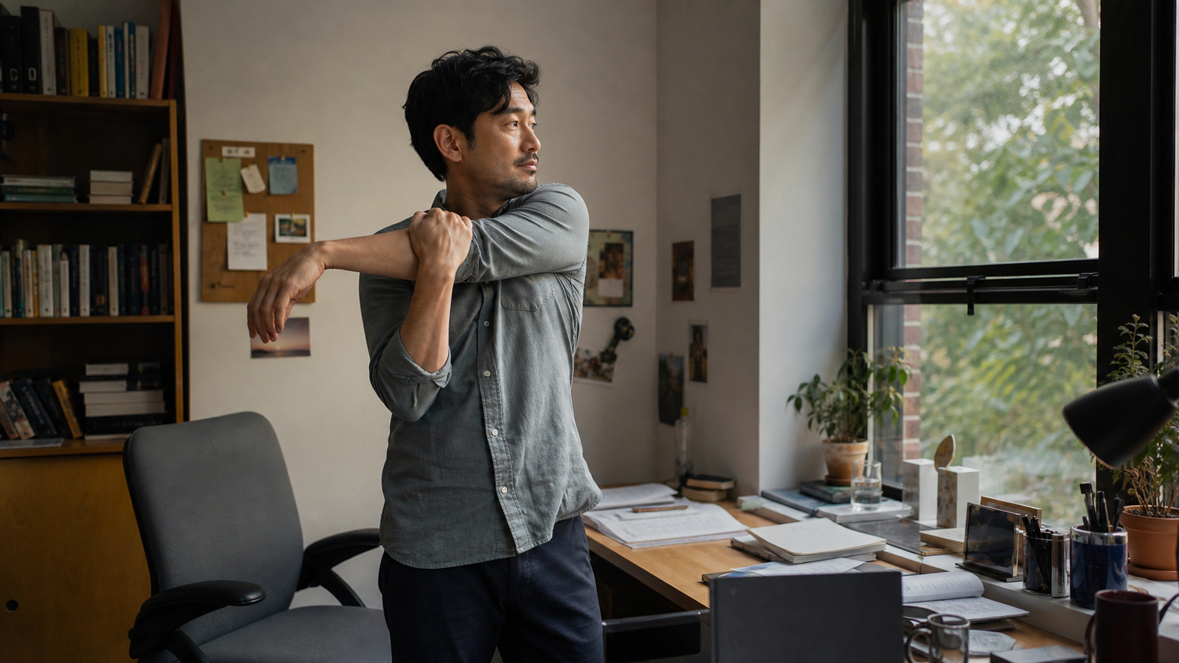 Office worker taking a shoulder mobility break beside their desk after a long afternoon of sitting