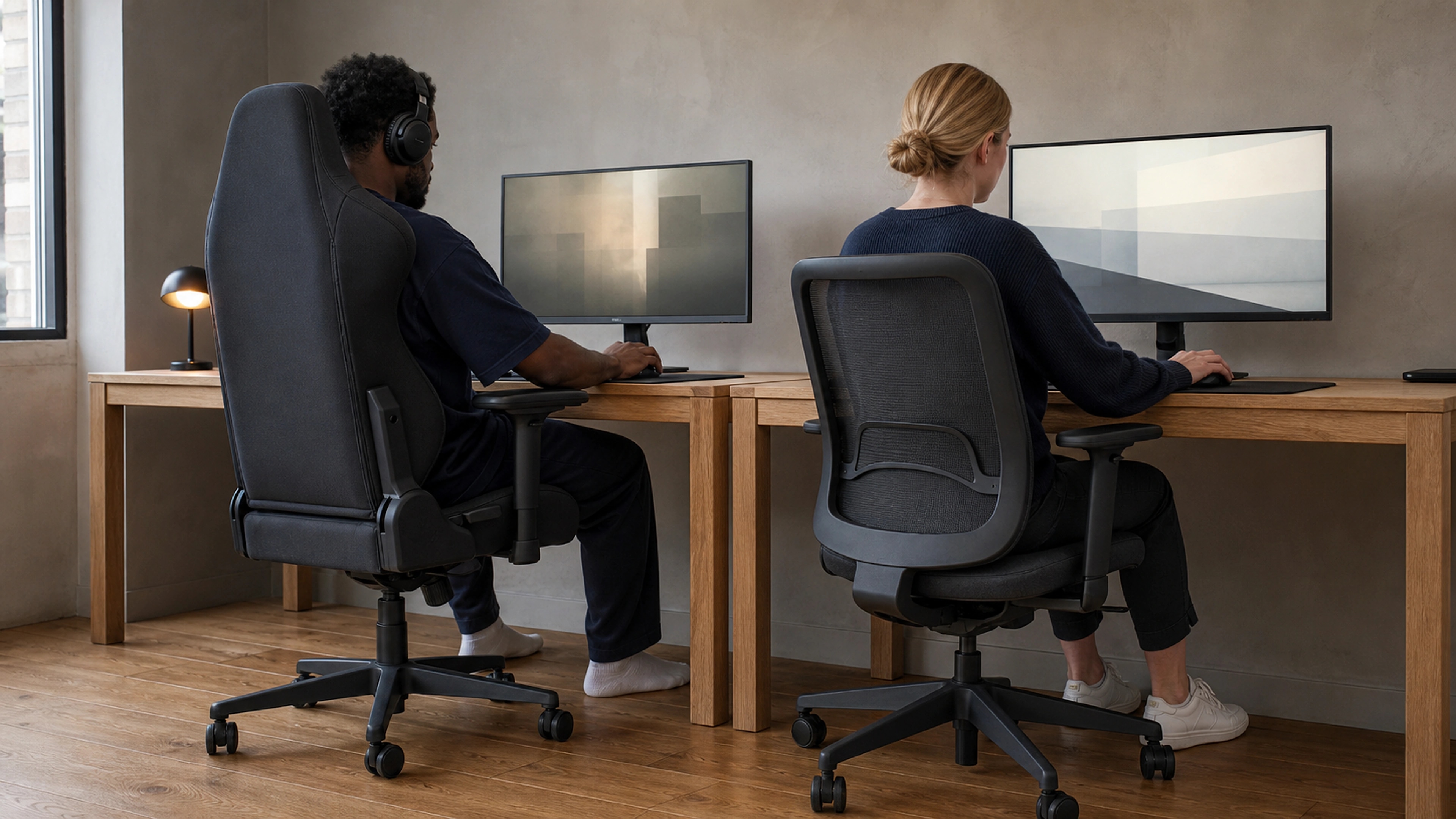 Adult shifting between a relaxed gaming posture and a balanced office-work posture at one desk